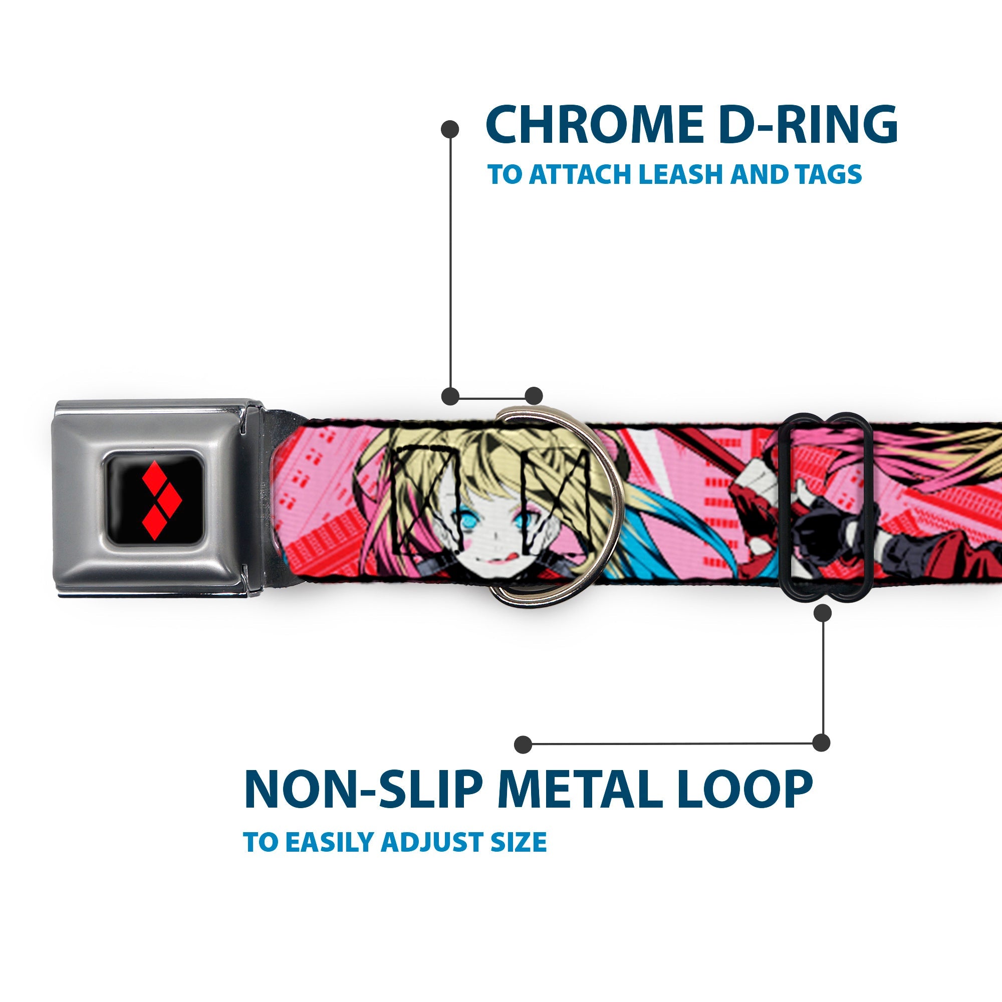 Harley Quinn Diamon Full Color Black/Red Seatbelt Buckle Collar - Harley Quinn Puddin Poses Anime Graphics Pink/Red