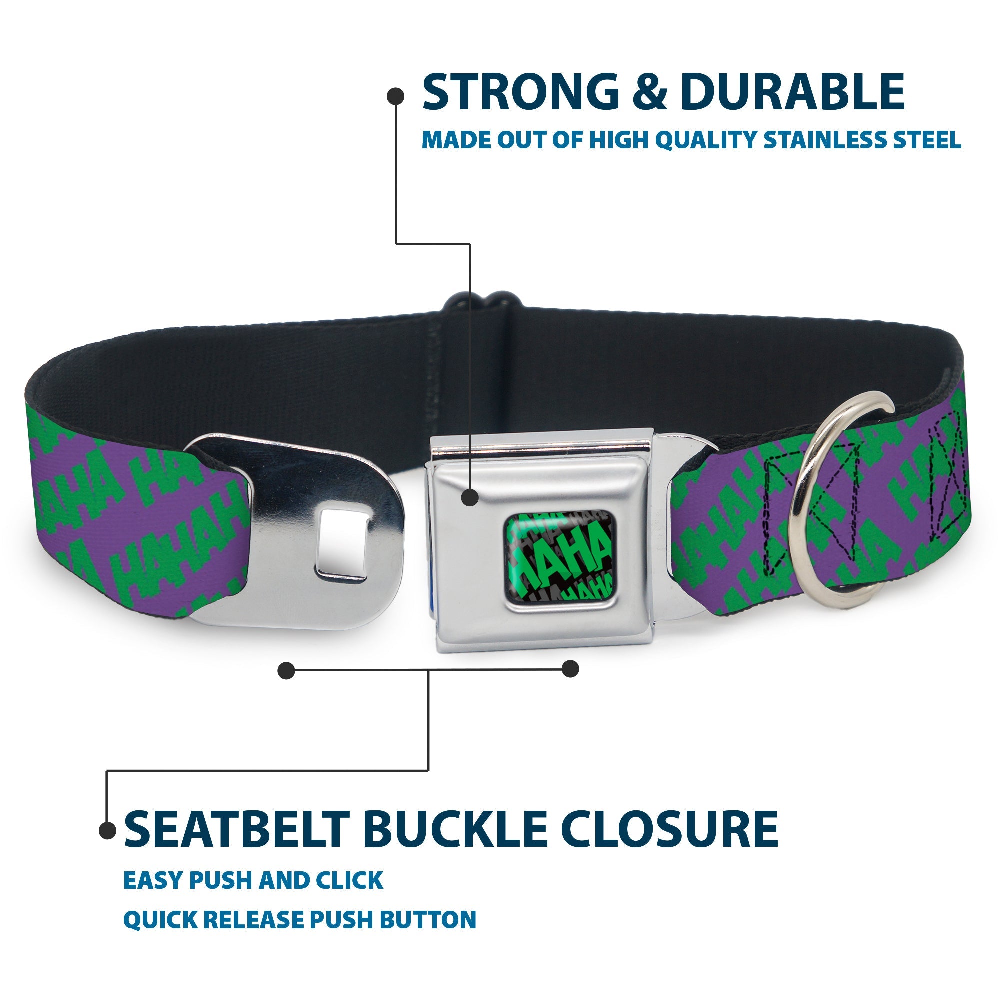 HAHA Stacked Full Color Black/Gray/Green Seatbelt Buckle Collar - Joker HAHAHA Purple/Green