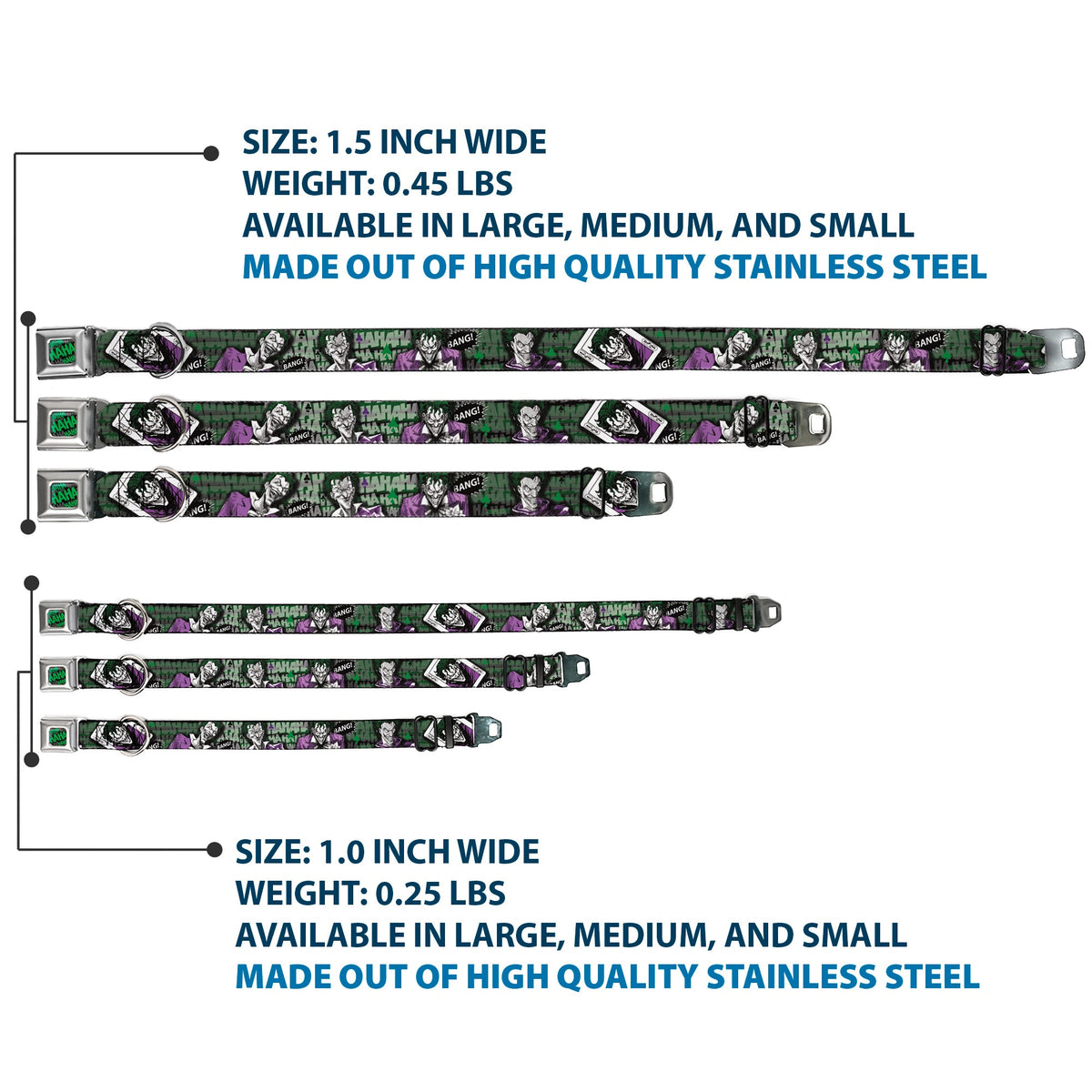 HAHA Stacked Full Color Black/Gray/Green Seatbelt Buckle Collar - The Joker 4-Poses/Joker Card HAHA/Smile/BANG! Grays/Greens/Purples