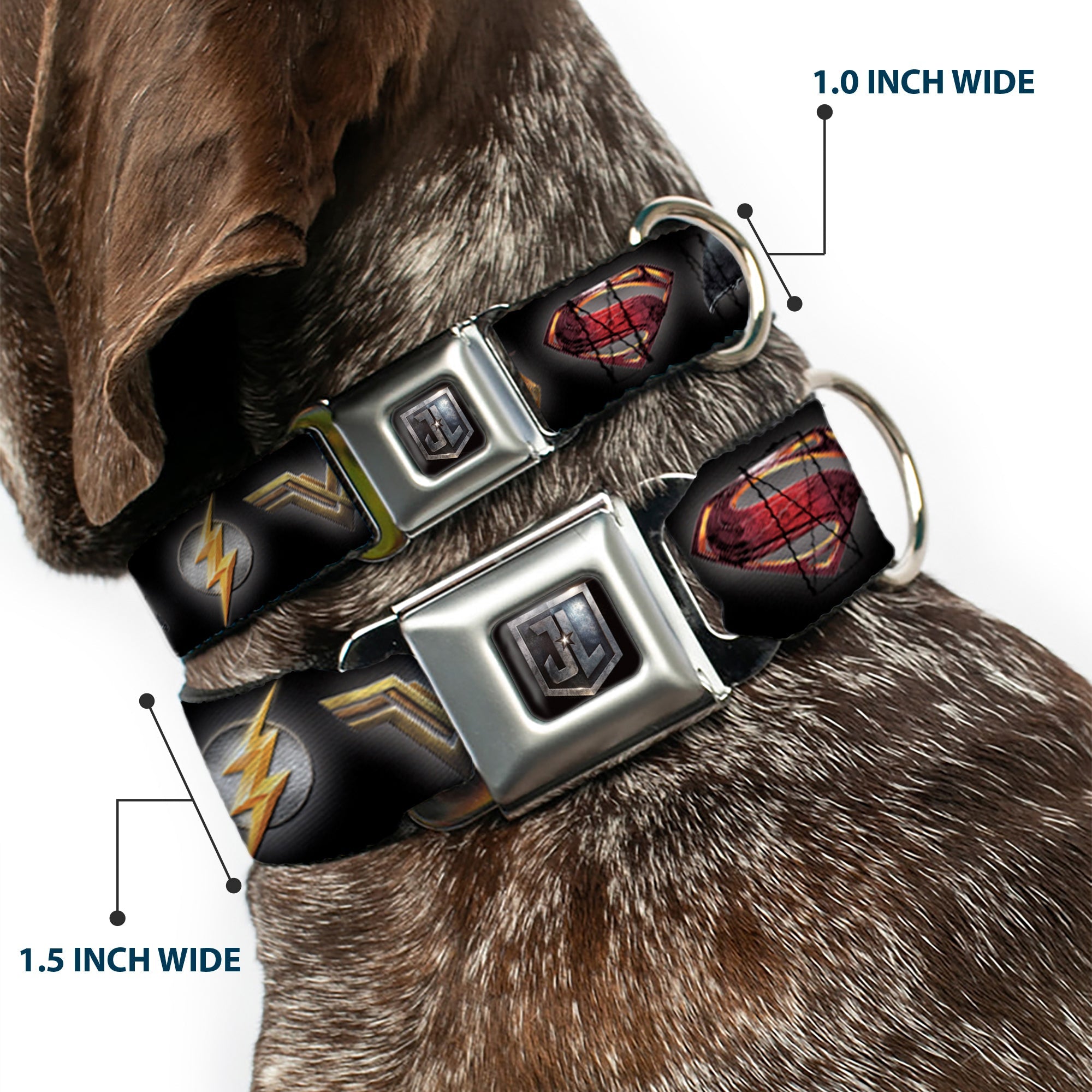 JL 2017 Badge Full Color Black/Grays Seatbelt Buckle Collar - Justice League 2017 6-Superhero Icons Black