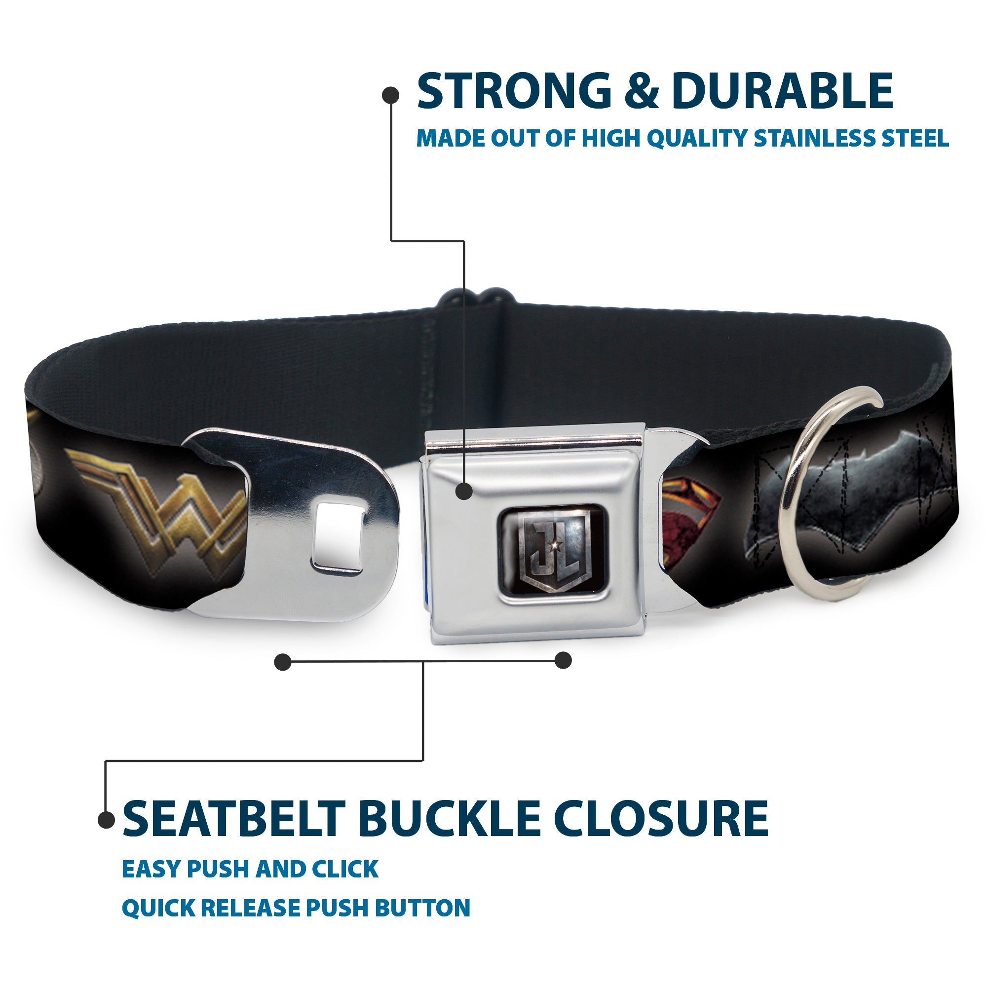 JL 2017 Badge Full Color Black/Grays Seatbelt Buckle Collar - Justice League 2017 6-Superhero Icons Black