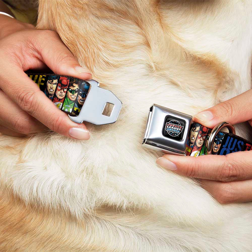 JUSTICE LEAGUE OF AMERICA Badge Black/White/Red/Blue Seatbelt Buckle Collar - JUSTICE LEAGUE OF AMERICA w/Superhero Blocks Black/Multi Color