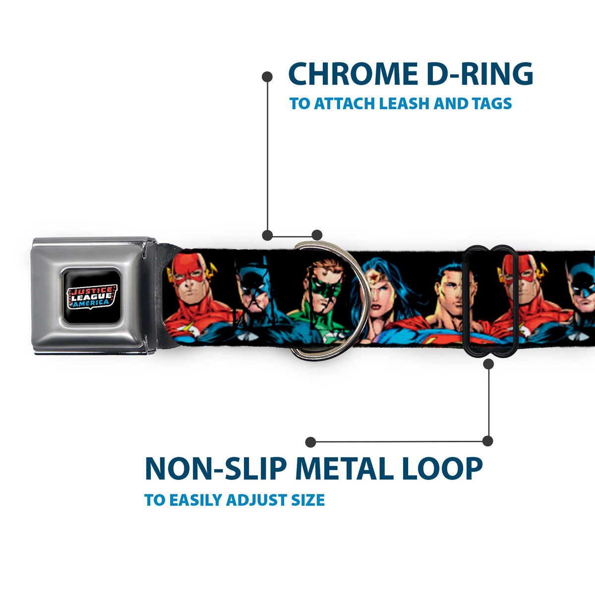 Justice League of America Black Full Color Seatbelt Buckle Collar - Justice League Elite Forces Superheroes