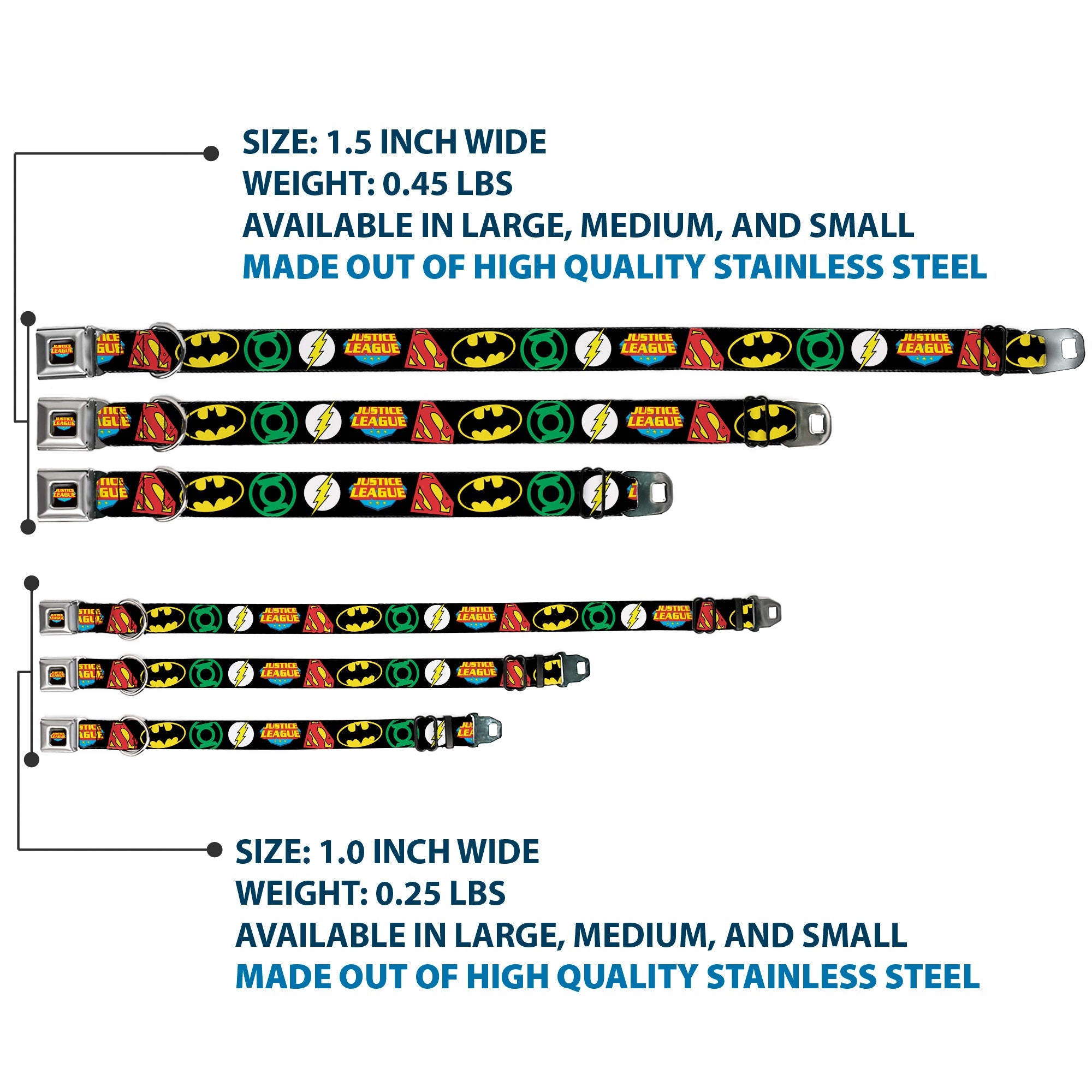 Justice League Shield Full Color Black Blue Red Yellow Seatbelt Buckle Collar - Justice League Superhero Logos CLOSE-UP Black