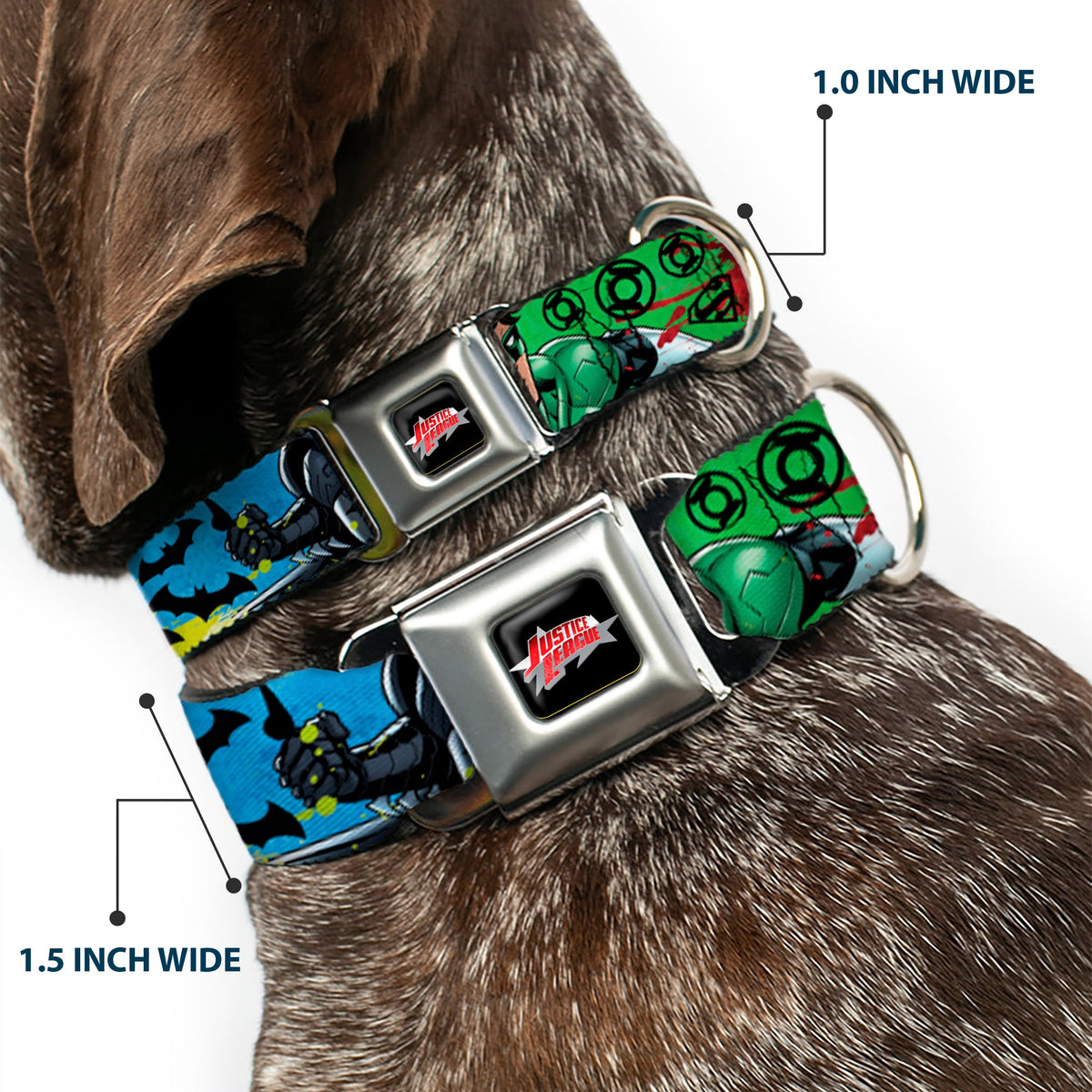 JUSTICE LEAGUE Star Logo Black/Silver-Fade/Red Seatbelt Buckle Collar - Justice League New 52 4-Superhero Poses/Scattered Logos Multi Color/Black