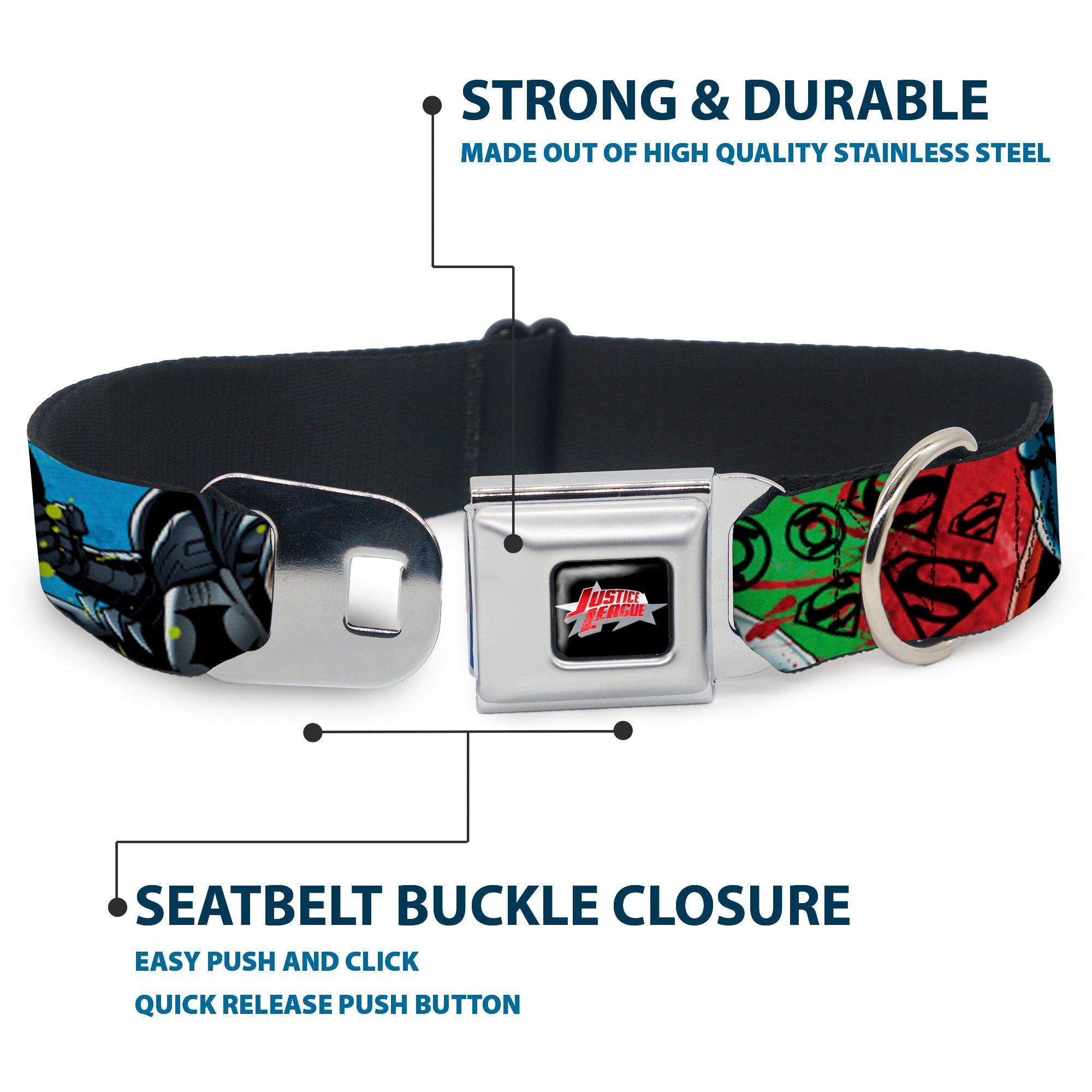 JUSTICE LEAGUE Star Logo Black/Silver-Fade/Red Seatbelt Buckle Collar - Justice League New 52 4-Superhero Poses/Scattered Logos Multi Color/Black