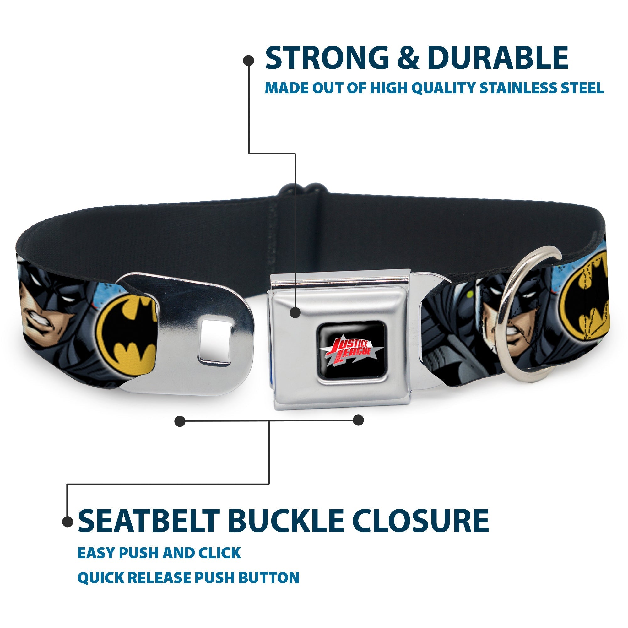 JUSTICE LEAGUE Star Logo Black/Silver-Fade/Red Seatbelt Buckle Collar - Justice League 4-Superhero CLOSE-UP Poses/Logos