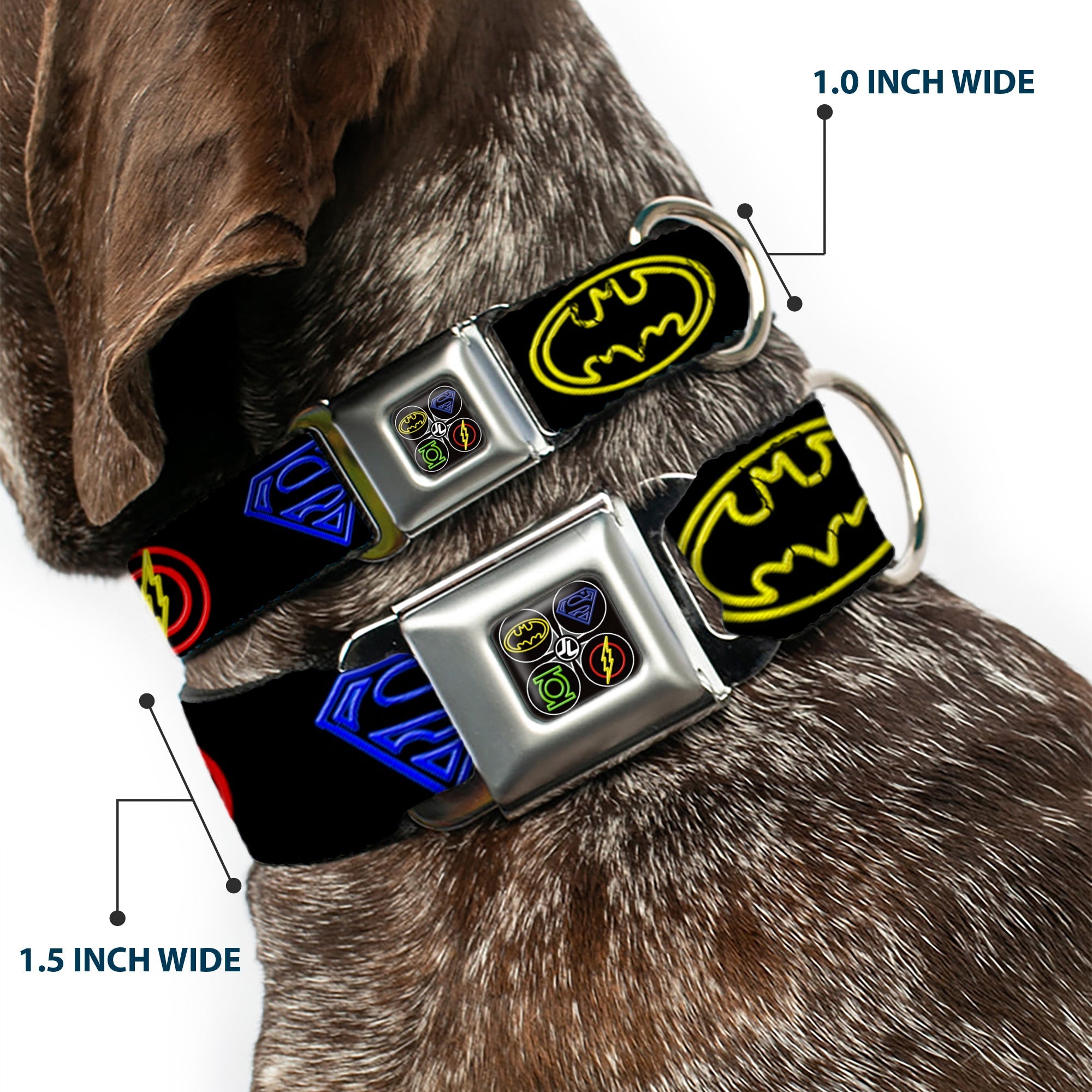 JL Electric Logos Full Color Black/Multi Neon Seatbelt Buckle Collar - Justice League Electric Logos Black/Multi Neon