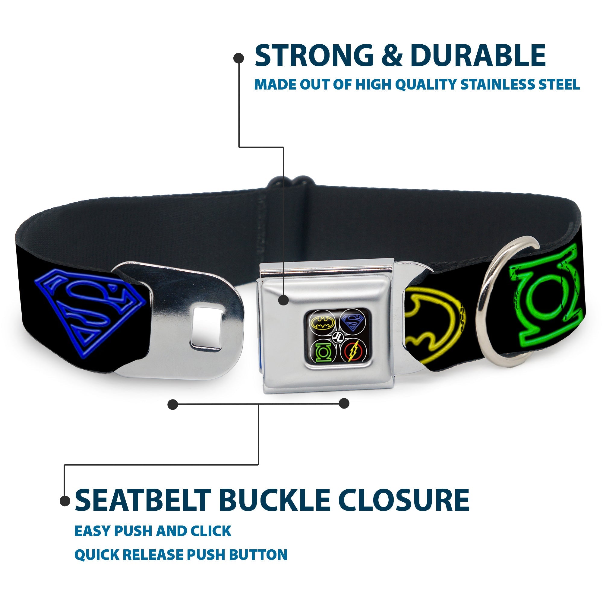 JL Electric Logos Full Color Black/Multi Neon Seatbelt Buckle Collar - Justice League Electric Logos Black/Multi Neon