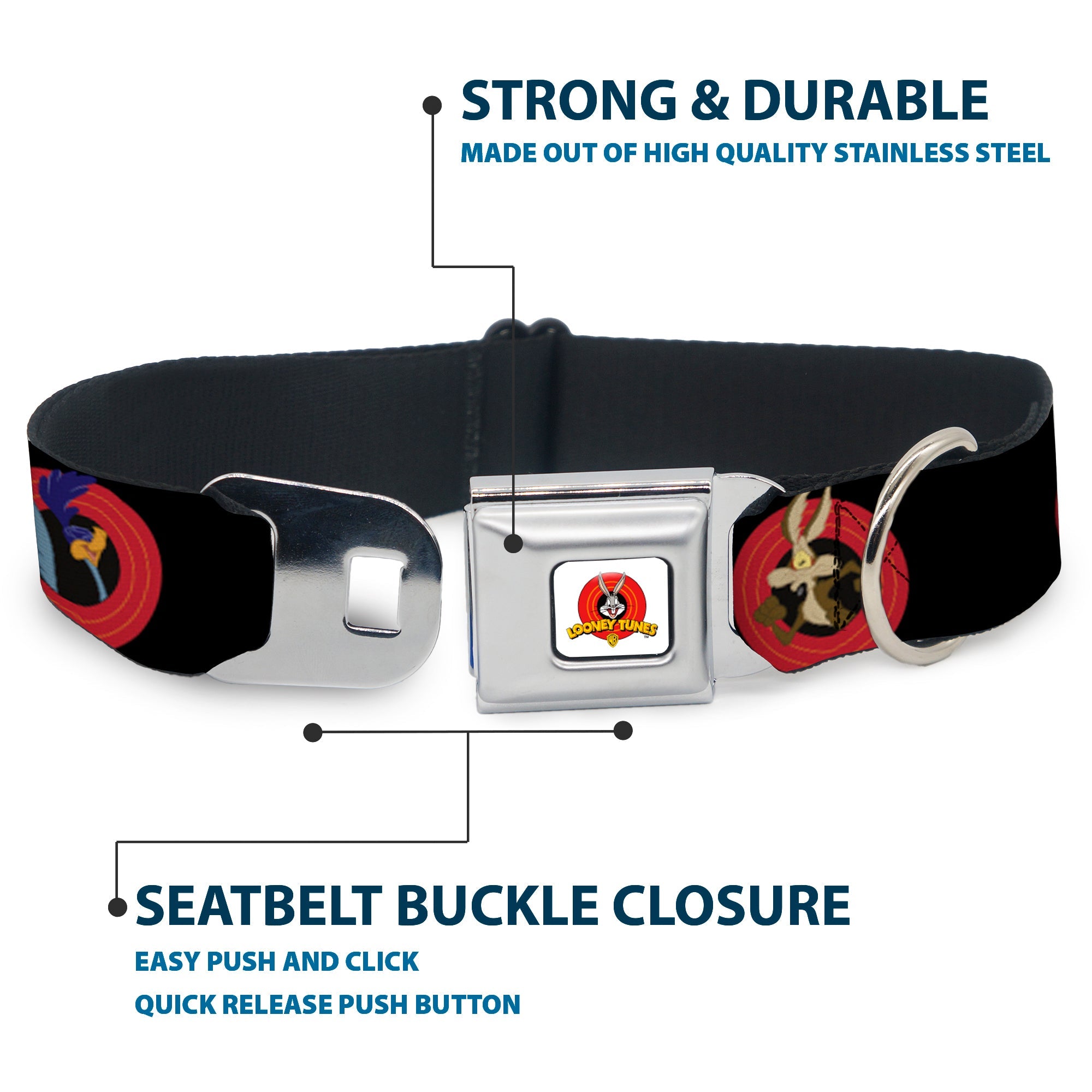 Looney Tunes Logo Full Color White Seatbelt Buckle Collar - Looney Tunes Characters Bullseye Pose Black