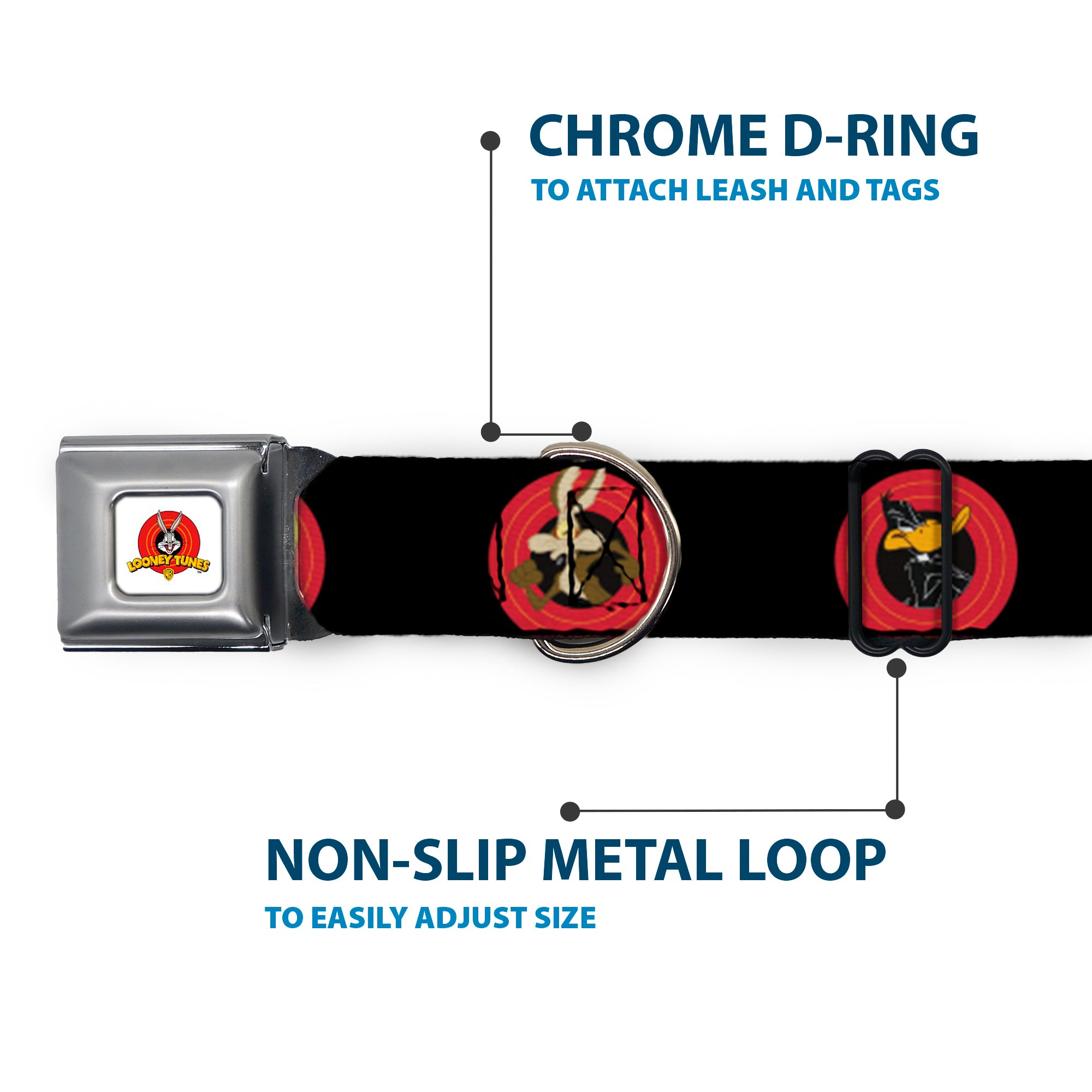 Looney Tunes Logo Full Color White Seatbelt Buckle Collar - Looney Tunes Characters Bullseye Pose Black