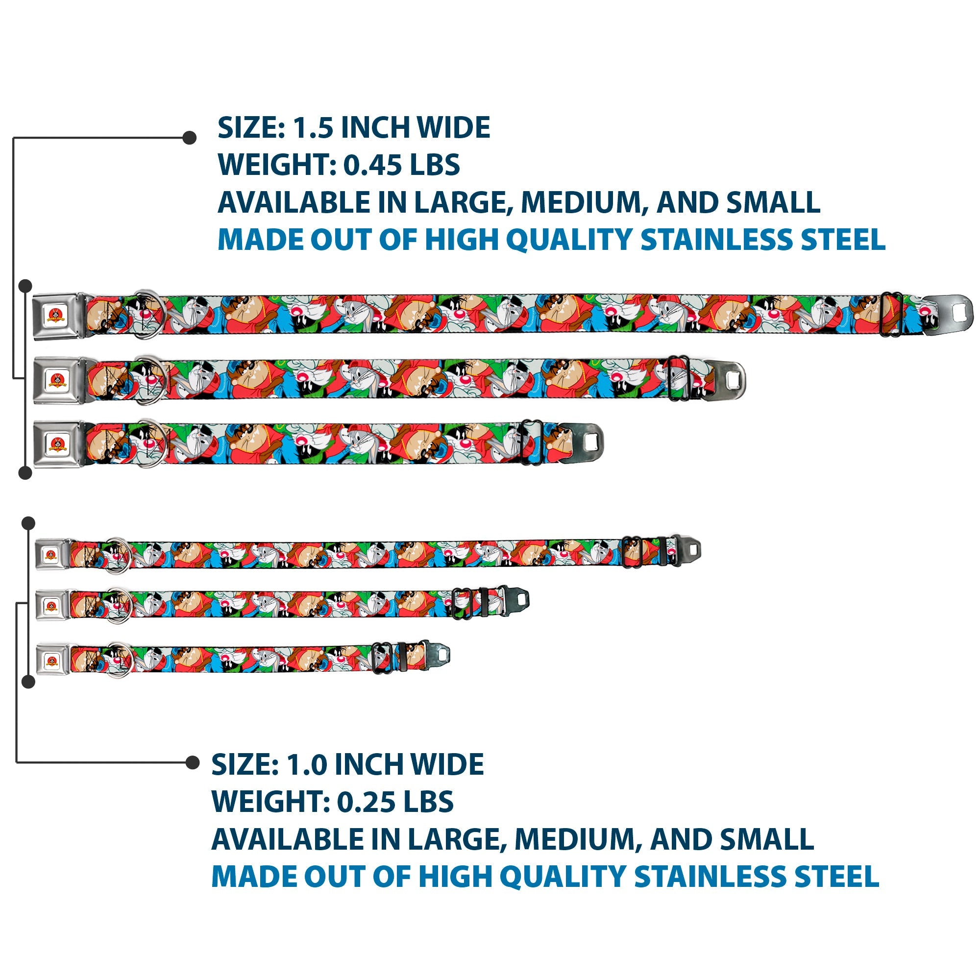 Looney Tunes Logo White Seatbelt Buckle Collar - Looney Tunes 3-B-Boy Stance Character Poses Stacked