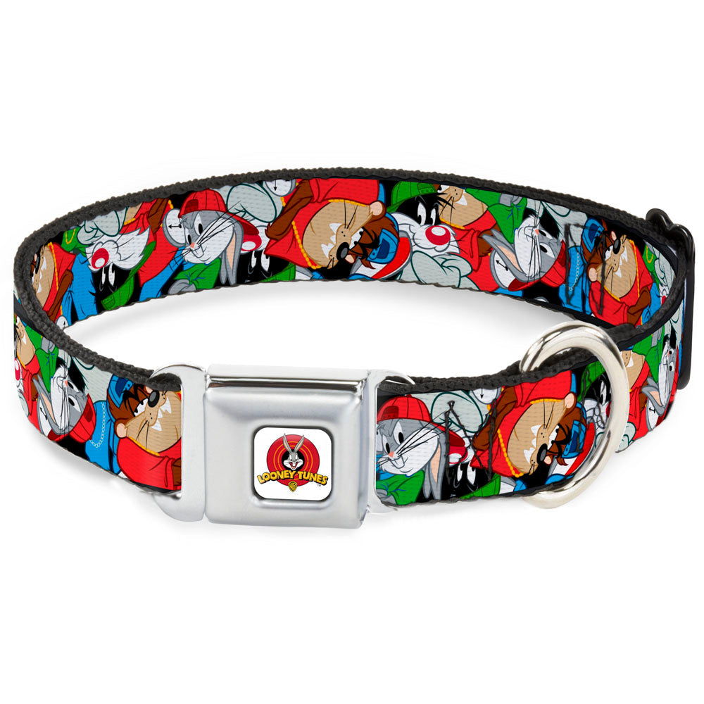 Looney Tunes Logo White Seatbelt Buckle Collar - Looney Tunes 3-B-Boy Stance Character Poses Stacked