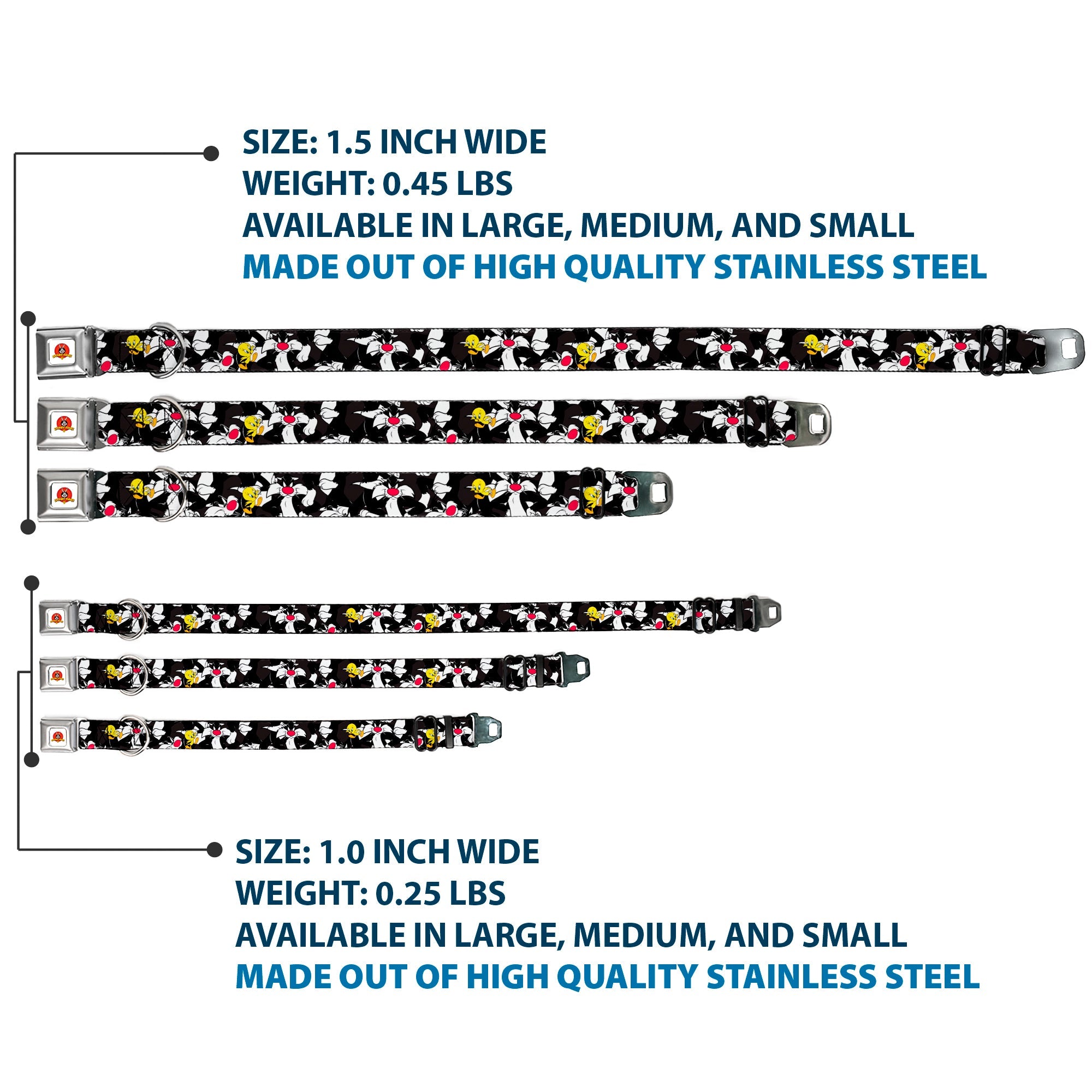 Looney Tunes Logo White Seatbelt Buckle Collar - Sylvester and Tweety Poses Scattered Charcoal