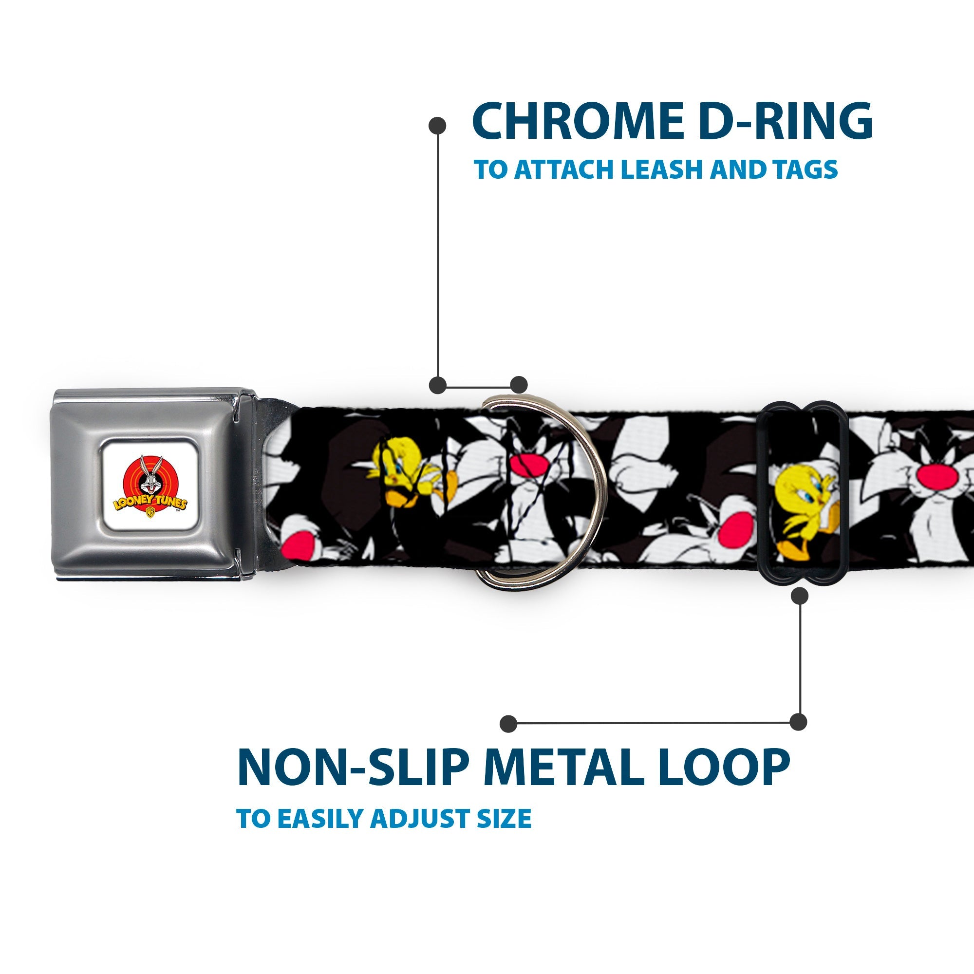 Looney Tunes Logo White Seatbelt Buckle Collar - Sylvester and Tweety Poses Scattered Charcoal