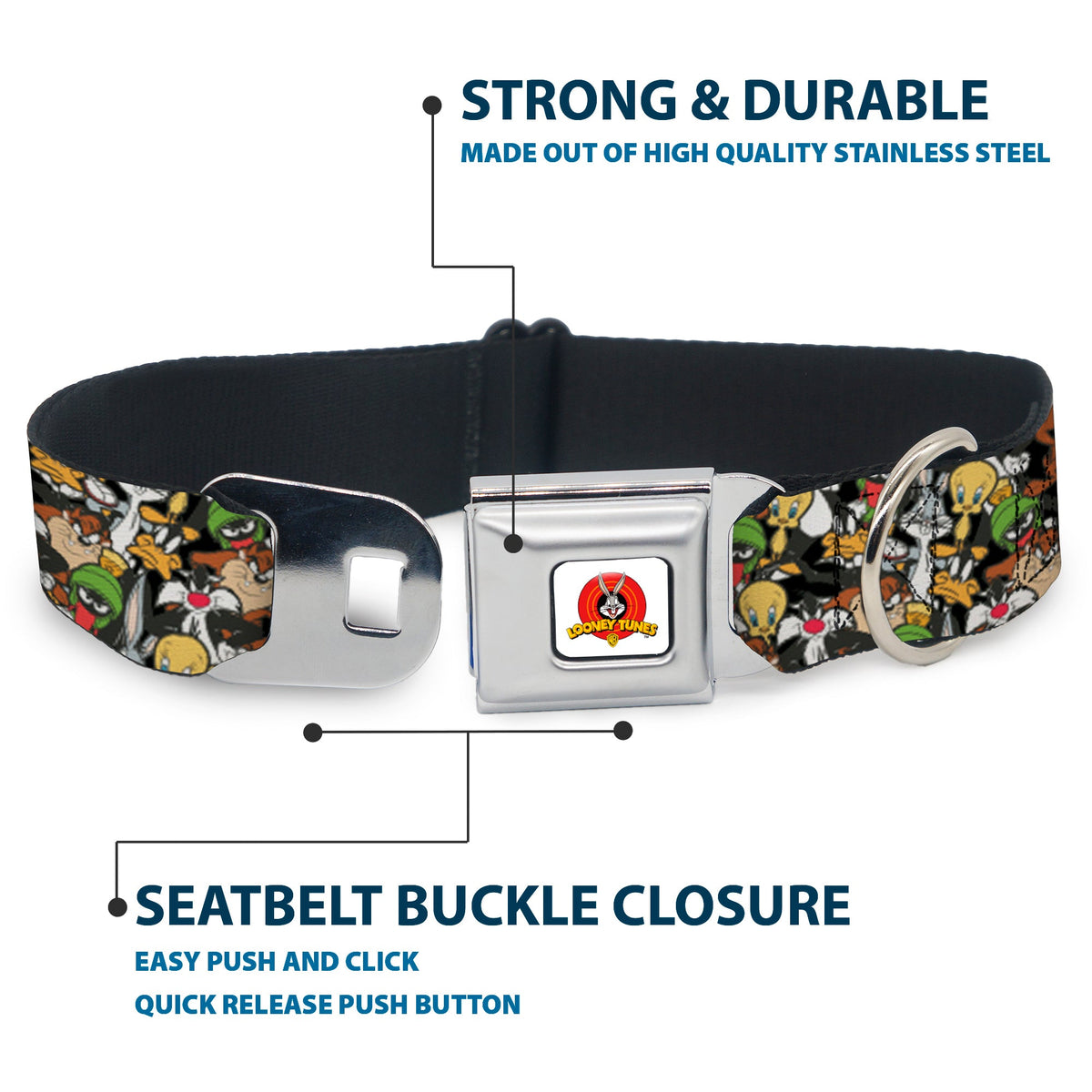 Looney Tunes Logo White Seatbelt Buckle Collar - Looney Tunes 6-Character Stacked Collage4