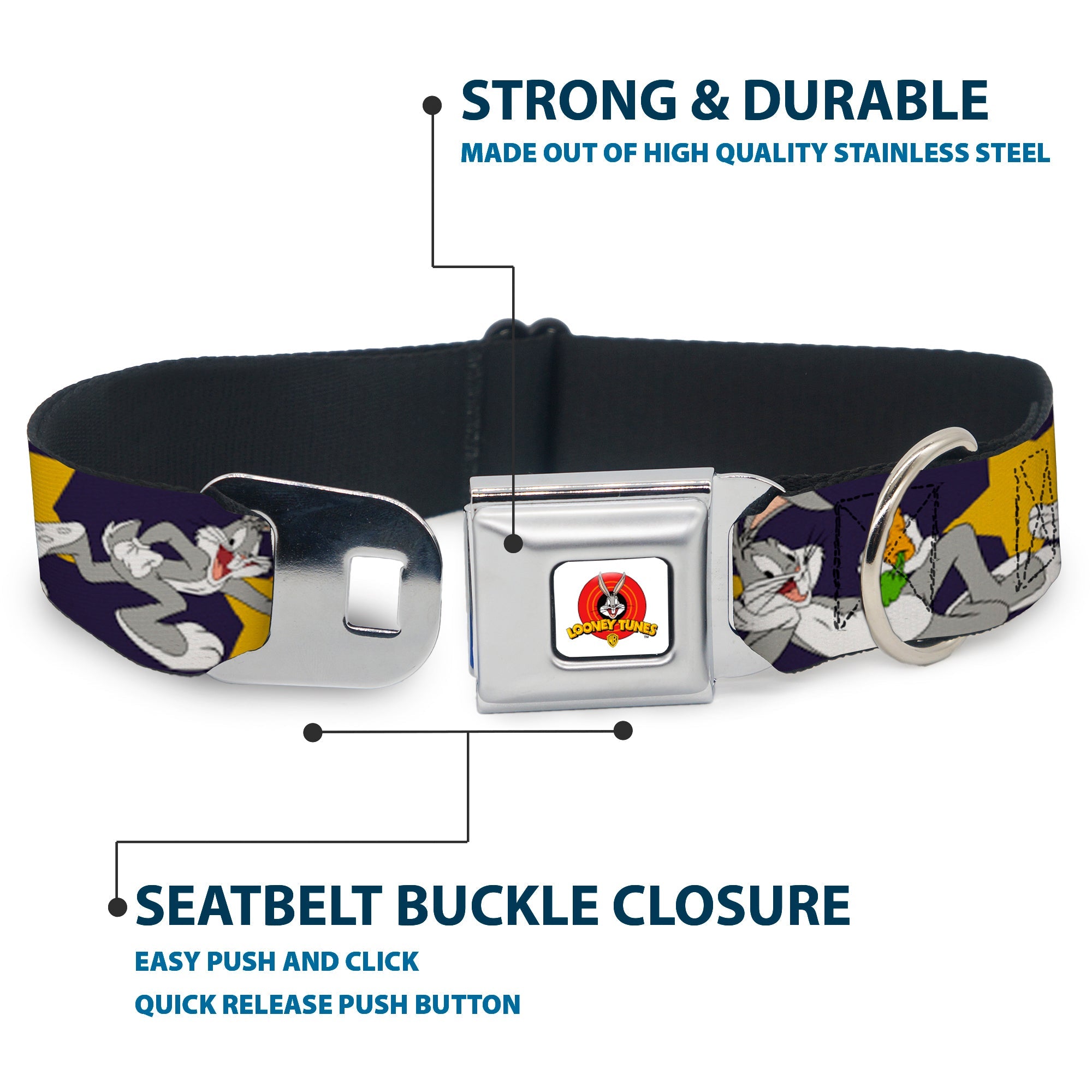 Looney Tunes Logo Full Color White Seatbelt Buckle Collar - Bugs Bunny Poses/Stars Navy