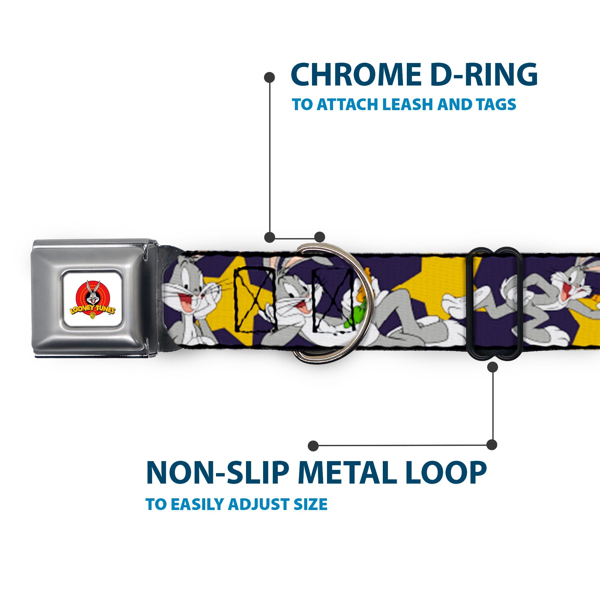 Looney Tunes Logo Full Color White Seatbelt Buckle Collar - Bugs Bunny Poses/Stars Navy