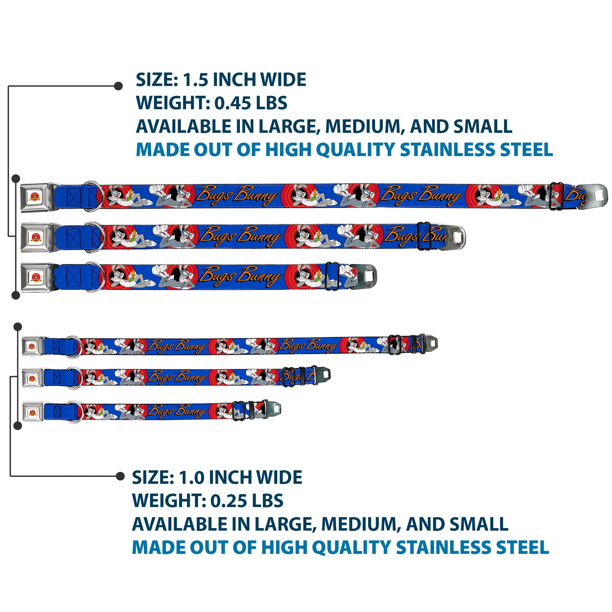 Looney Tunes Logo Full Color White Seatbelt Buckle Collar - BUGS BUNNY w/Bugs Poses Blue