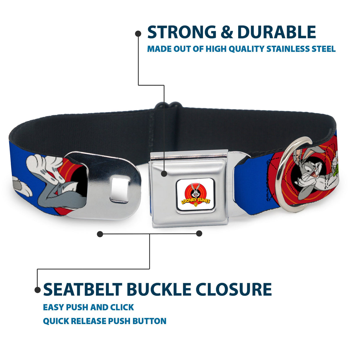 Looney Tunes Logo Full Color White Seatbelt Buckle Collar - BUGS BUNNY w/Bugs Poses Blue