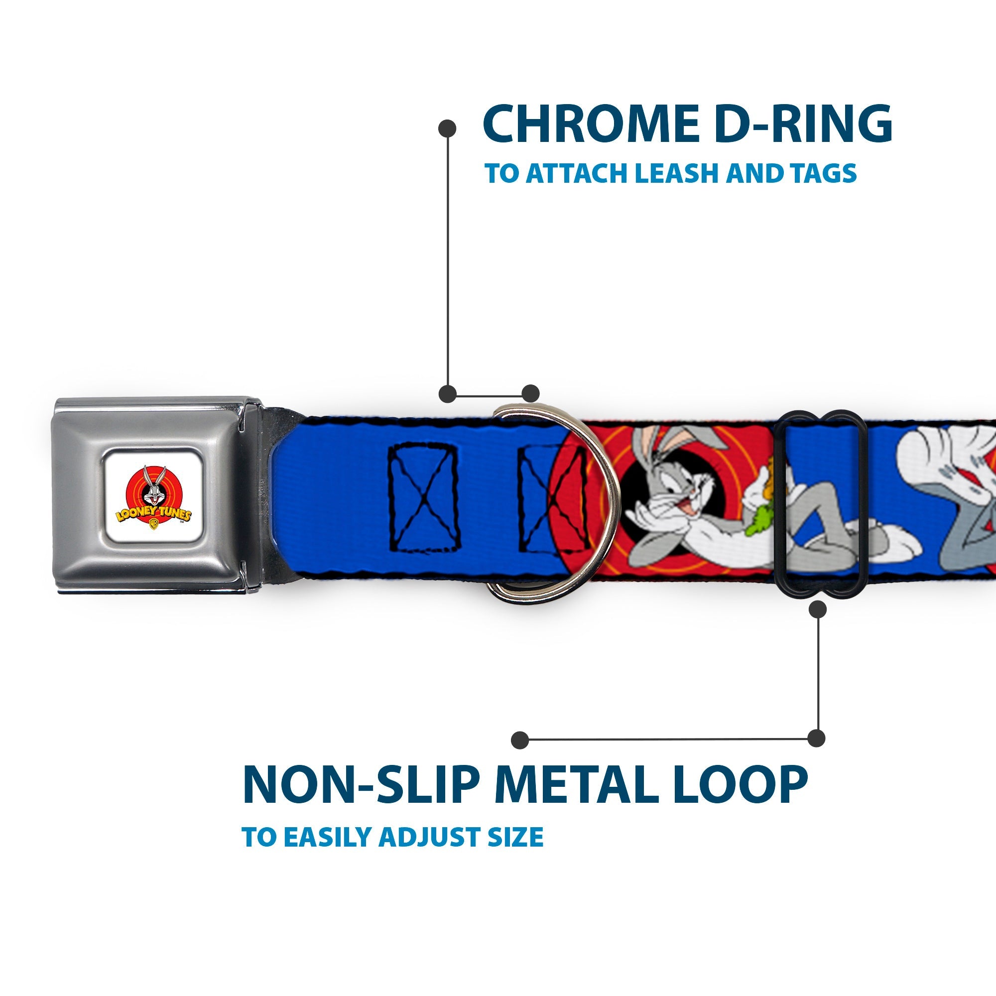 Looney Tunes Logo Full Color White Seatbelt Buckle Collar - BUGS BUNNY w/Bugs Poses Blue