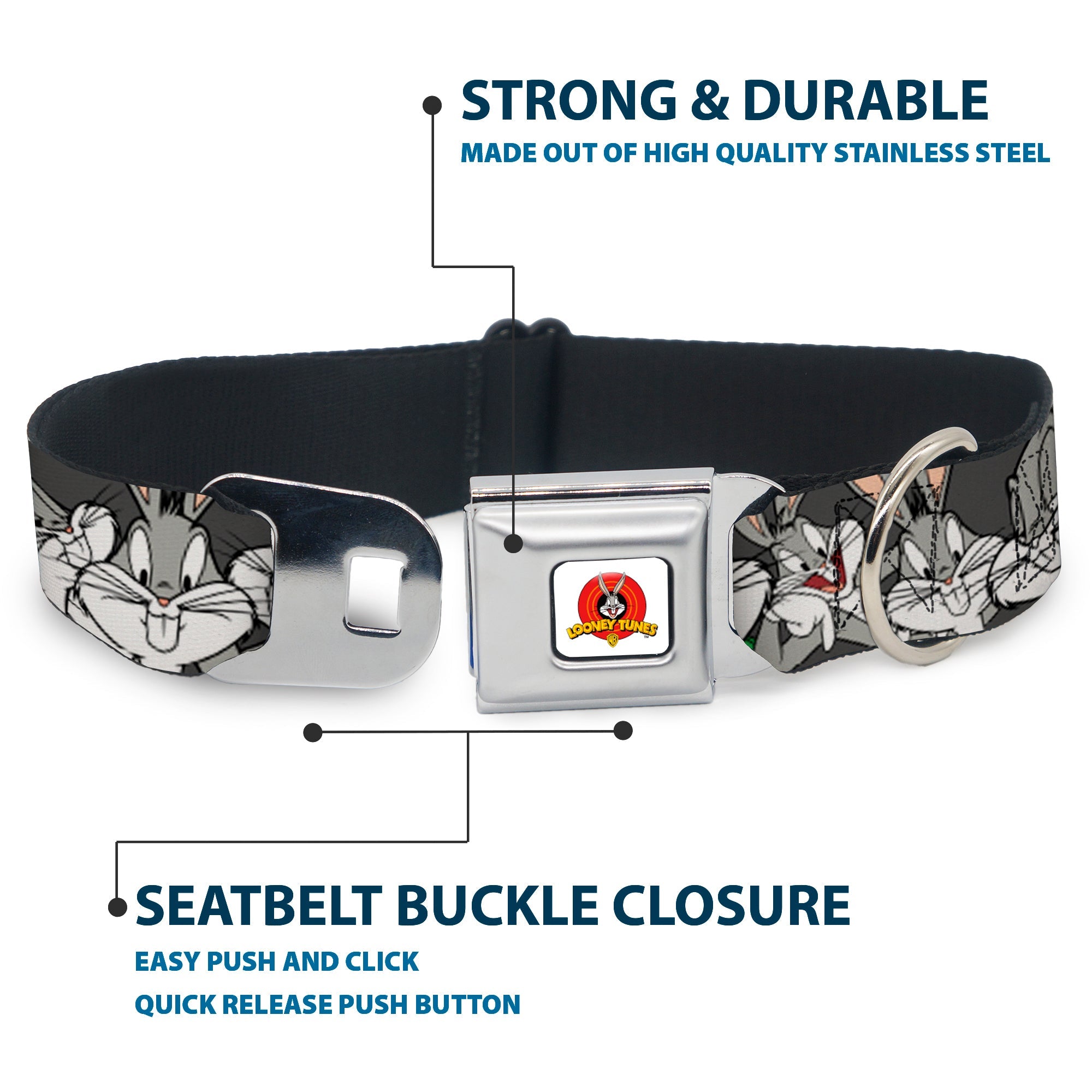 Looney Tunes Logo Full Color White Seatbelt Buckle Collar - Bugs Bunny CLOSE-UP Poses Charcoal