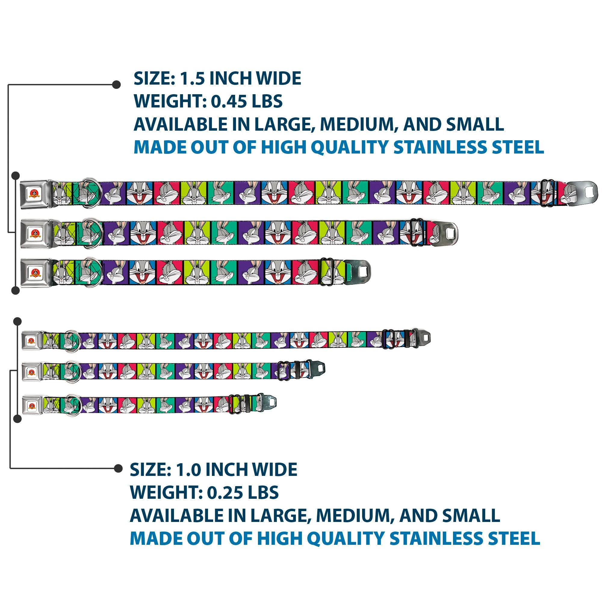 Looney Tunes Logo Full Color White Seatbelt Buckle Collar - Bugs Bunny Expression Blocks Multi Color
