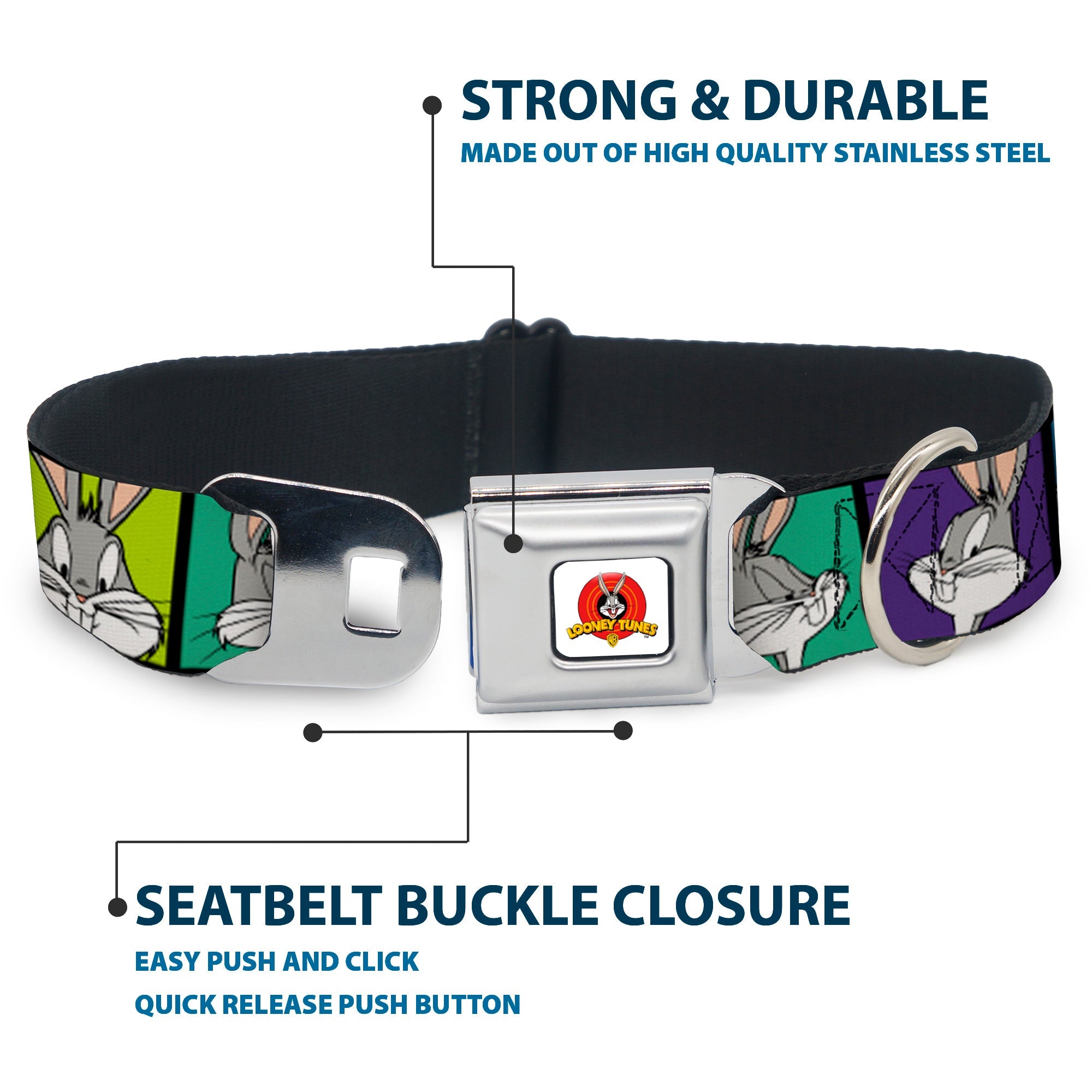 Looney Tunes Logo Full Color White Seatbelt Buckle Collar - Bugs Bunny Expression Blocks Multi Color