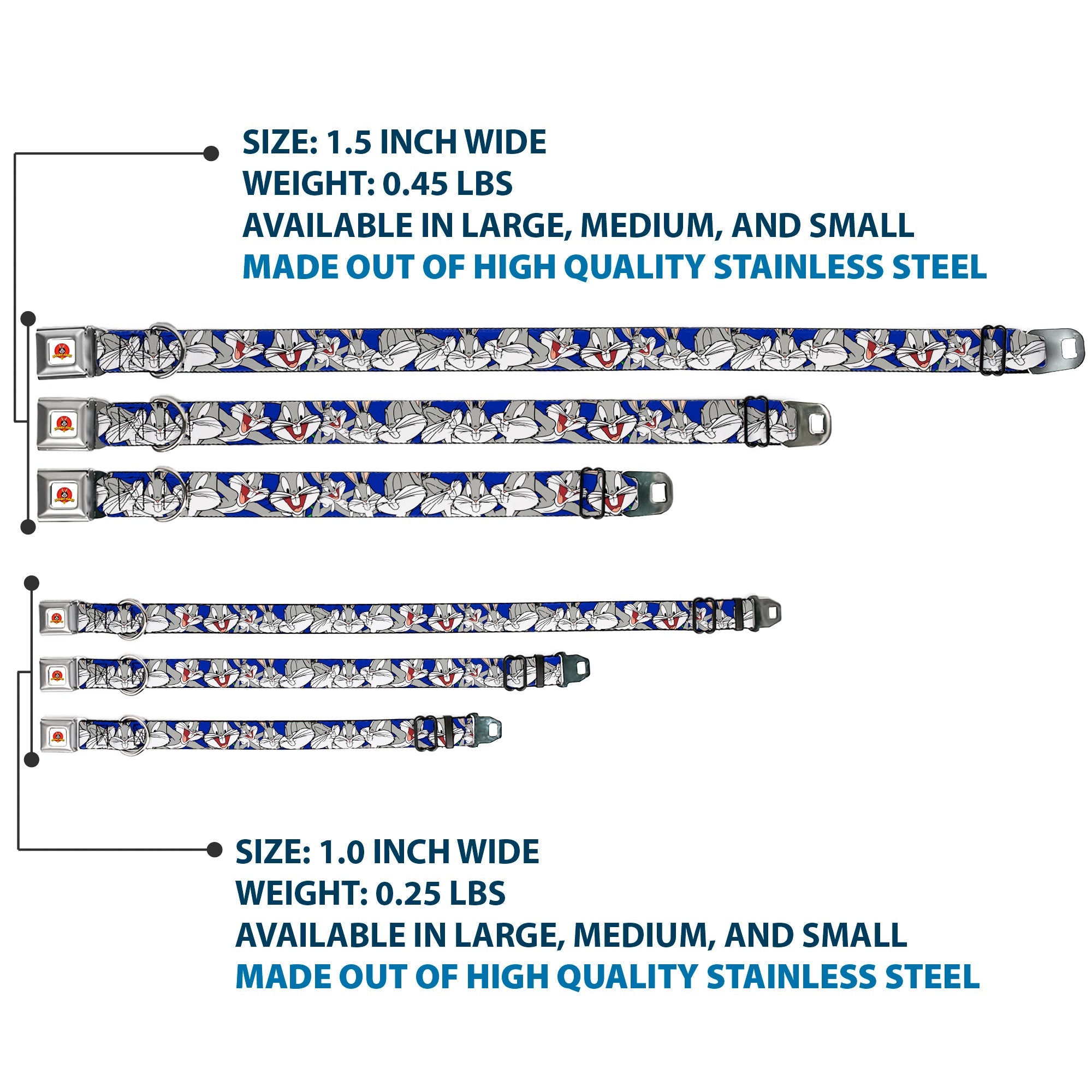 Looney Tunes Logo Full Color White Seatbelt Buckle Collar - Bugs Bunny CLOSE-UP Poses Blue