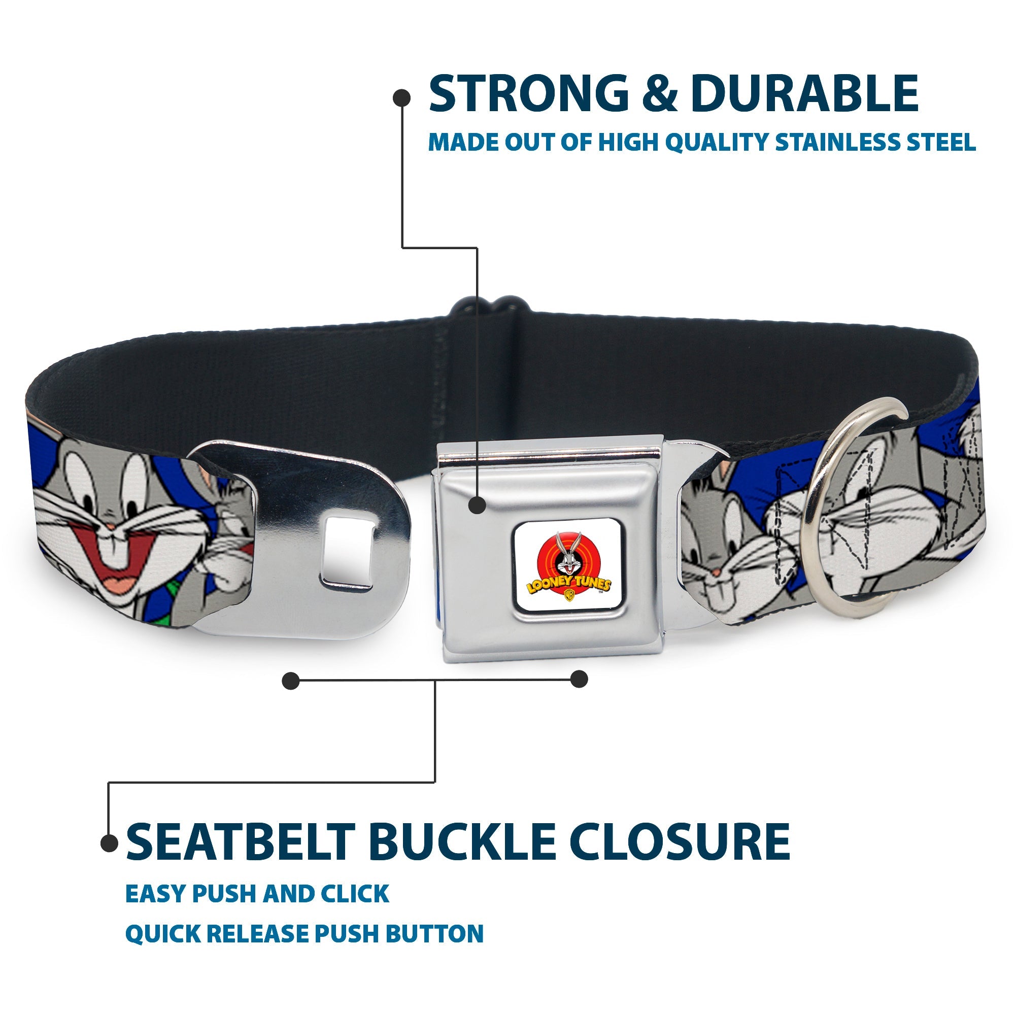 Looney Tunes Logo Full Color White Seatbelt Buckle Collar - Bugs Bunny CLOSE-UP Poses Blue