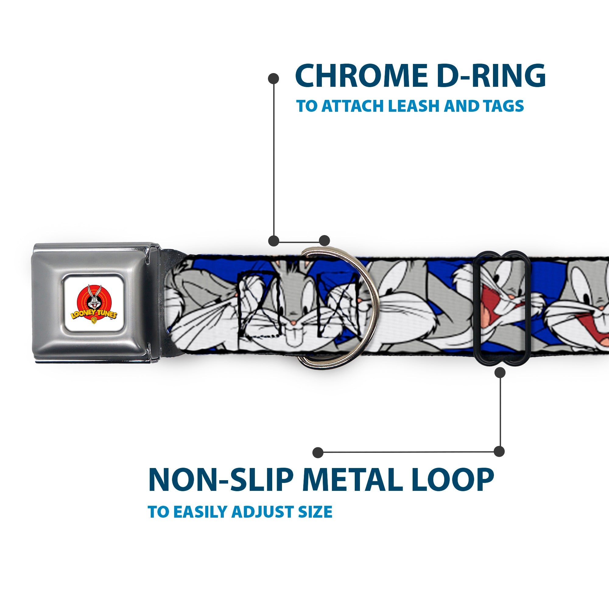 Looney Tunes Logo Full Color White Seatbelt Buckle Collar - Bugs Bunny CLOSE-UP Poses Blue