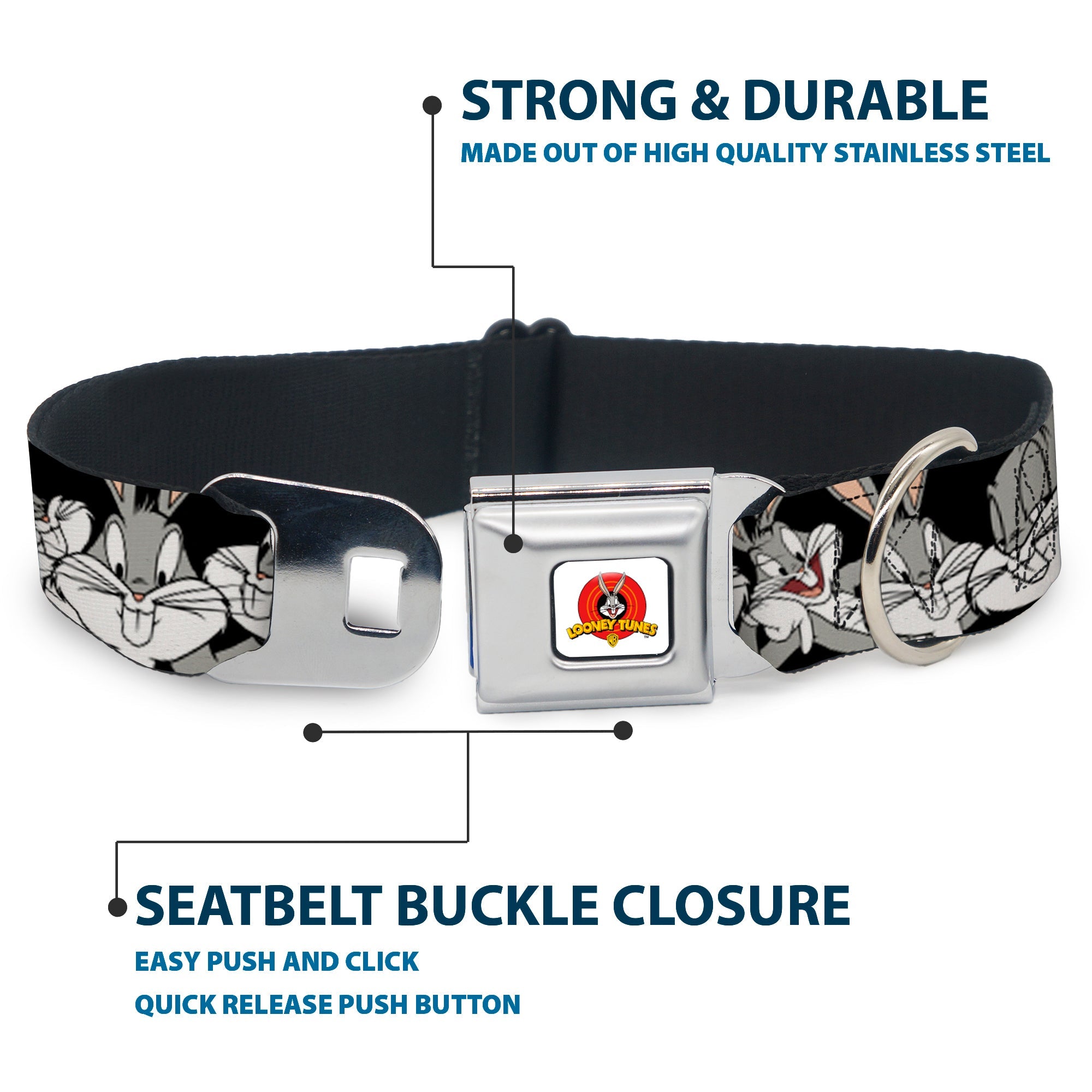 Looney Tunes Logo Full Color White Seatbelt Buckle Collar - Bugs Bunny CLOSE-UP Poses Black