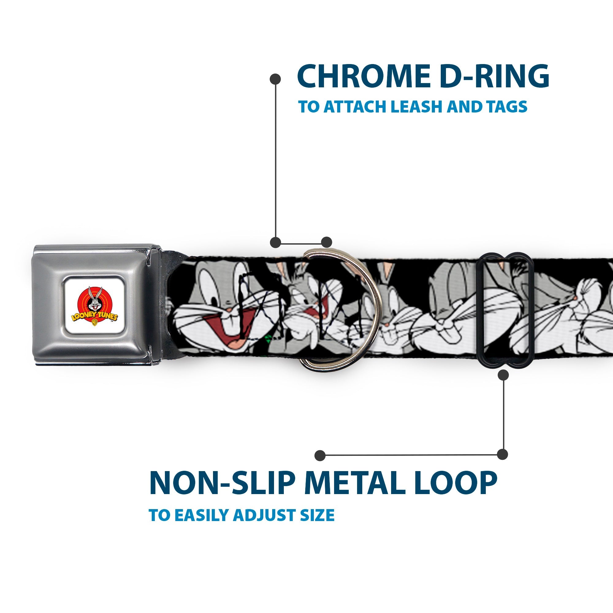 Looney Tunes Logo Full Color White Seatbelt Buckle Collar - Bugs Bunny CLOSE-UP Poses Black