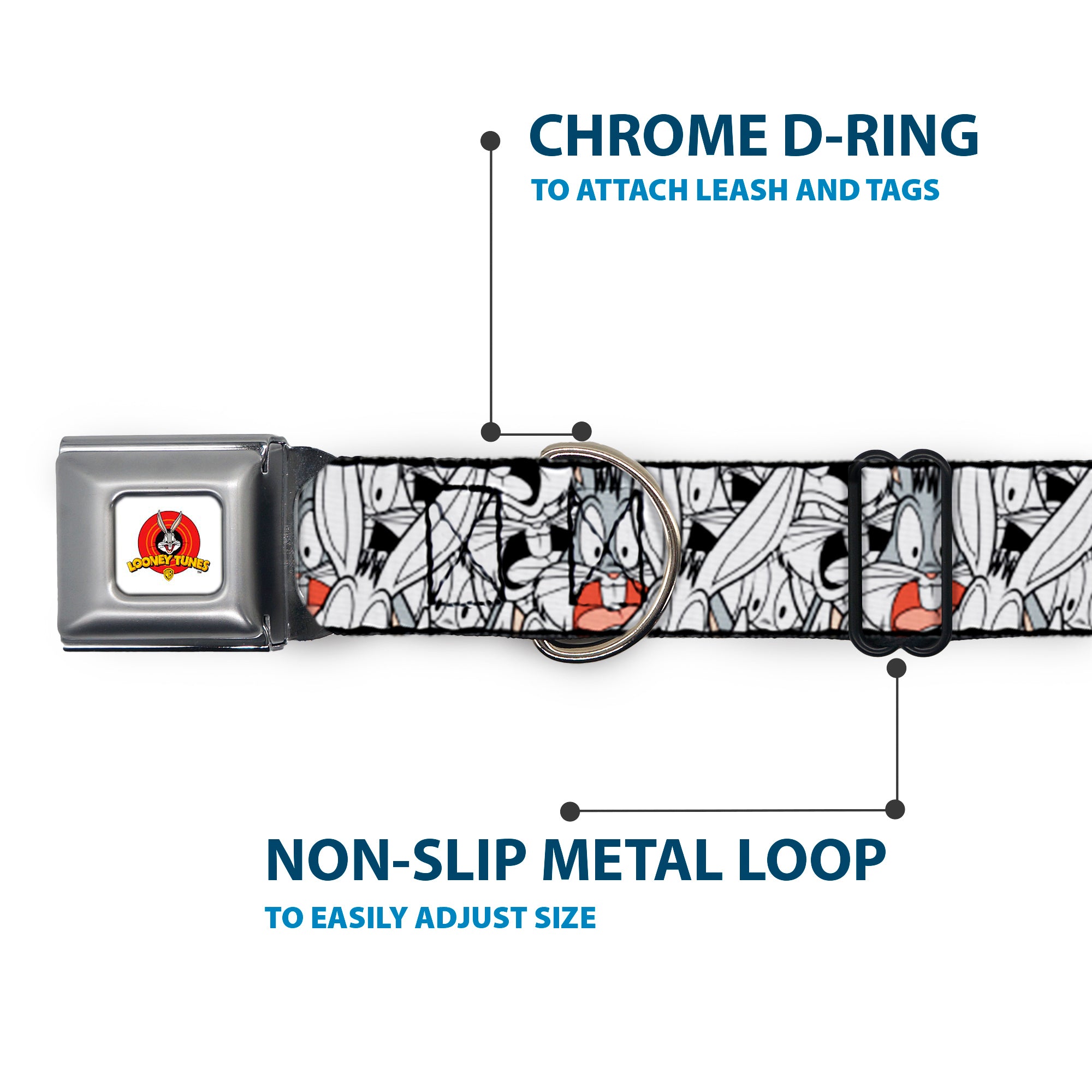 Looney Tunes Logo White Seatbelt Buckle Collar - Bugs Bunny Expressions Stacked White/Black/Gray