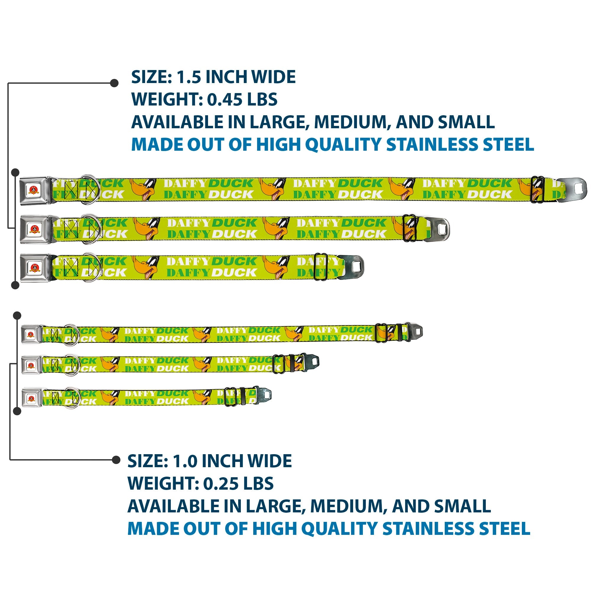 Looney Tunes Logo Full Color White Seatbelt Buckle Collar - DAFFY DUCK w/Face CLOSE-UP Greens