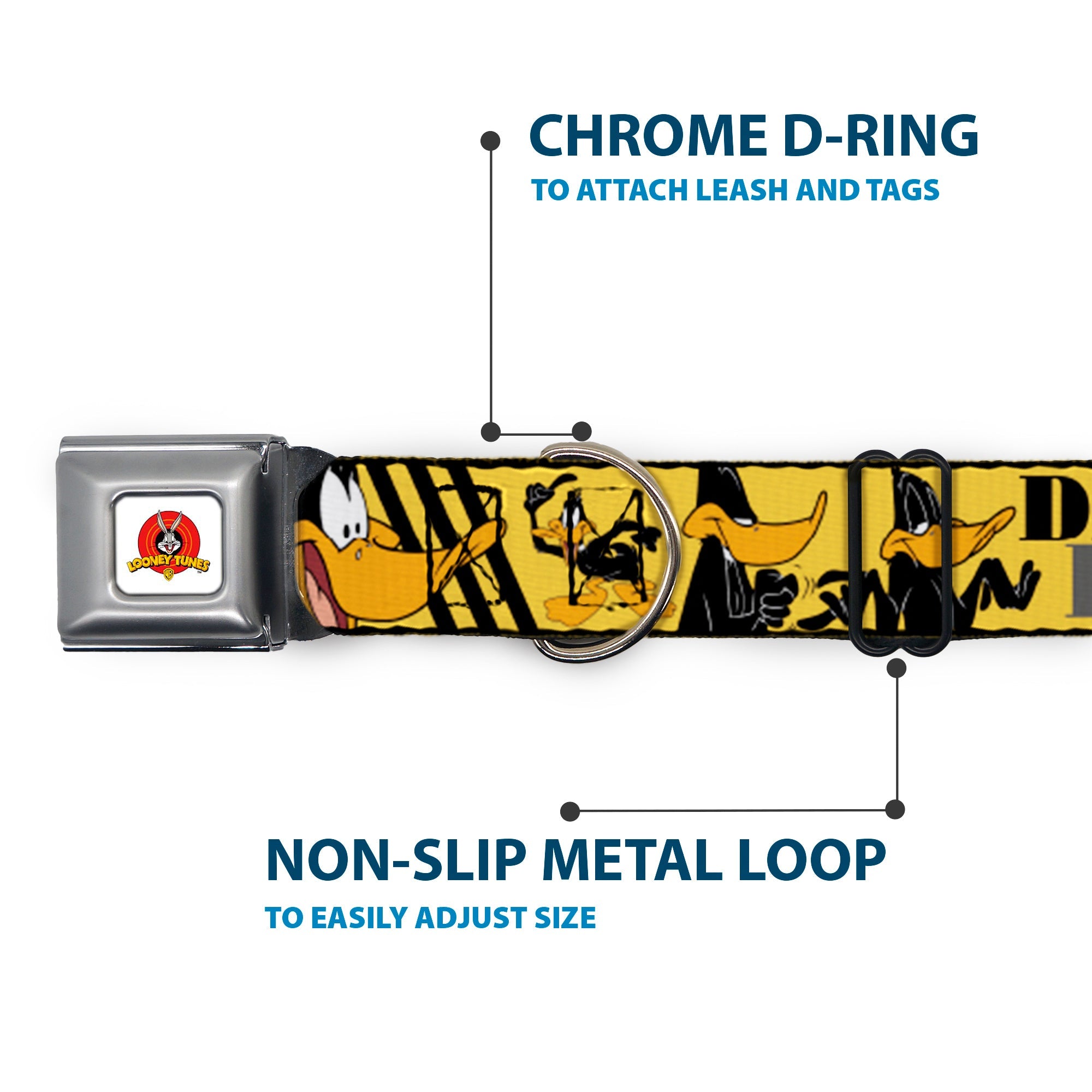 Looney Tunes Logo Full Color White Seatbelt Buckle Collar - DAFFY DUCK w/Poses Yellow/Black
