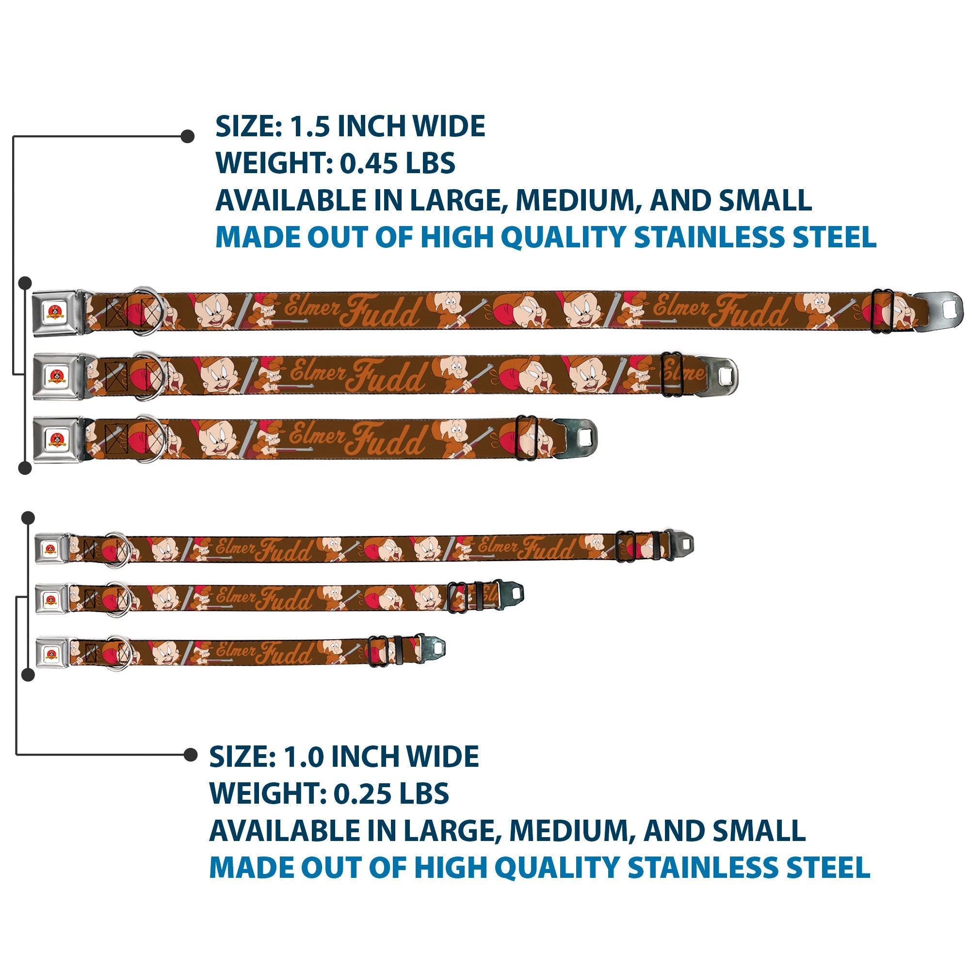 Looney Tunes Logo Full Color White Seatbelt Buckle Collar - ELMER FUDD w/Poses Browns