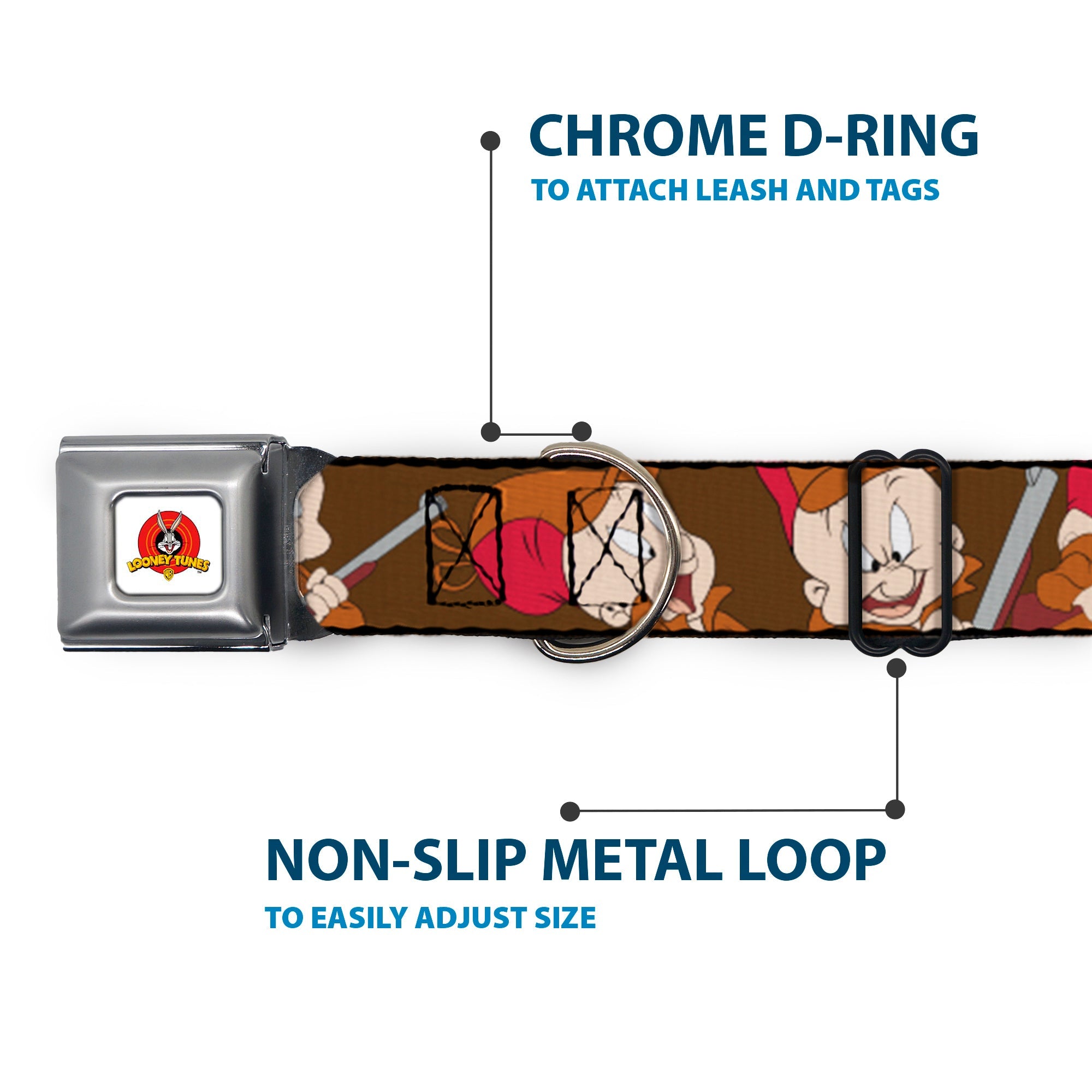 Looney Tunes Logo Full Color White Seatbelt Buckle Collar - ELMER FUDD w/Poses Browns
