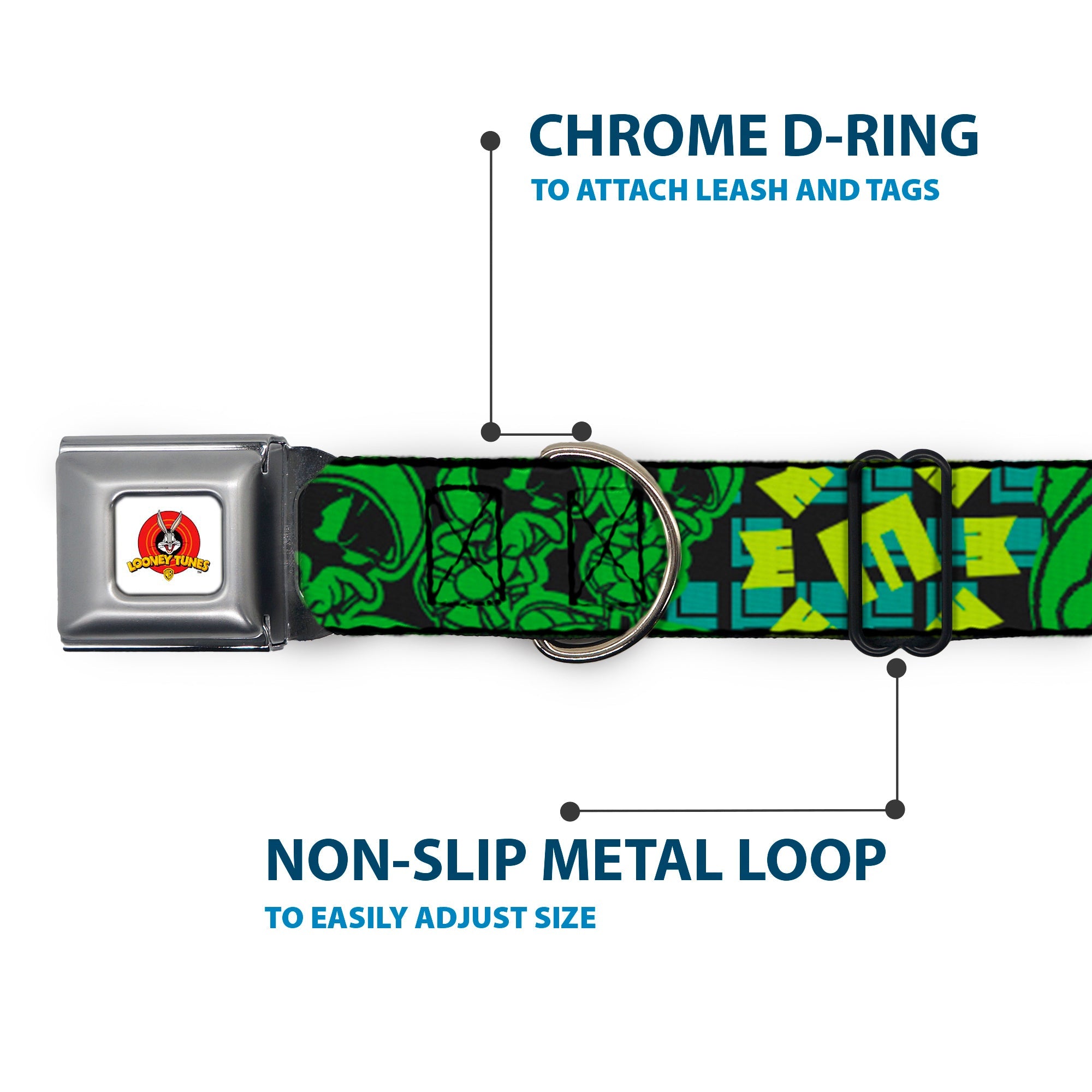 Looney Tunes Logo Full Color White Seatbelt Buckle Collar - MARVIN THE MARTIAN w/Poses Black/Turquoise
