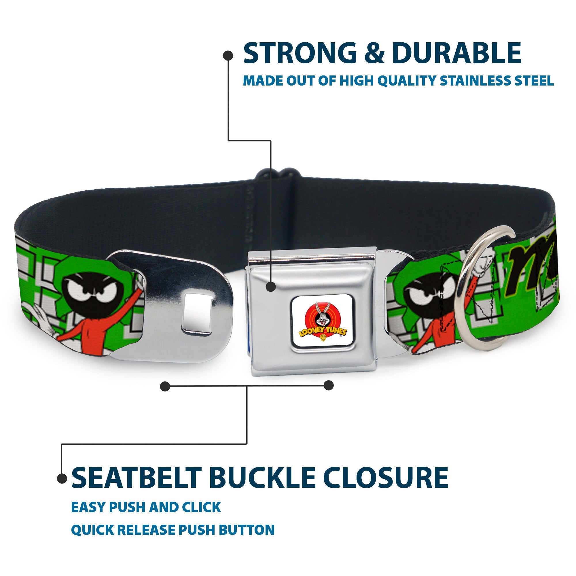 Looney Tunes Logo Full Color White Seatbelt Buckle Collar - MARVIN THE MARTIAN w/Poses White/Green