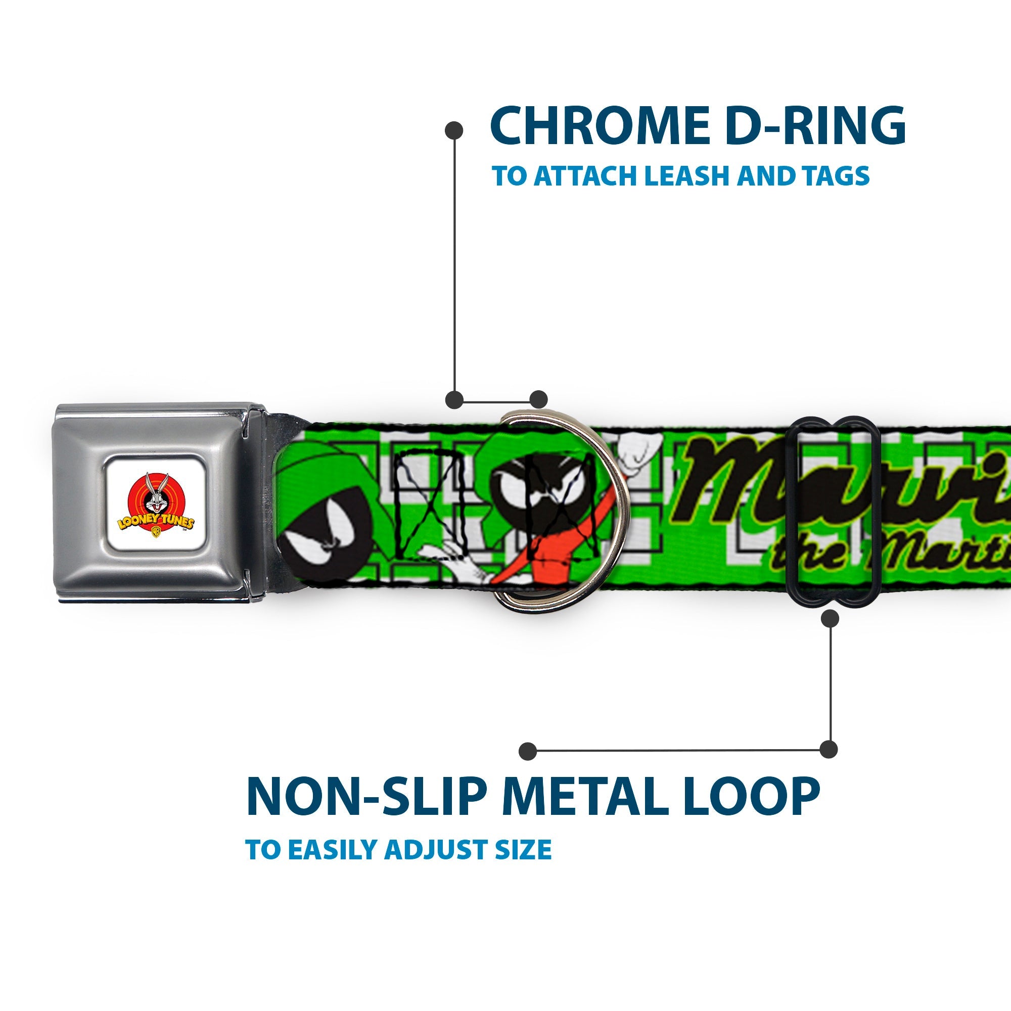 Looney Tunes Logo Full Color White Seatbelt Buckle Collar - MARVIN THE MARTIAN w/Poses White/Green