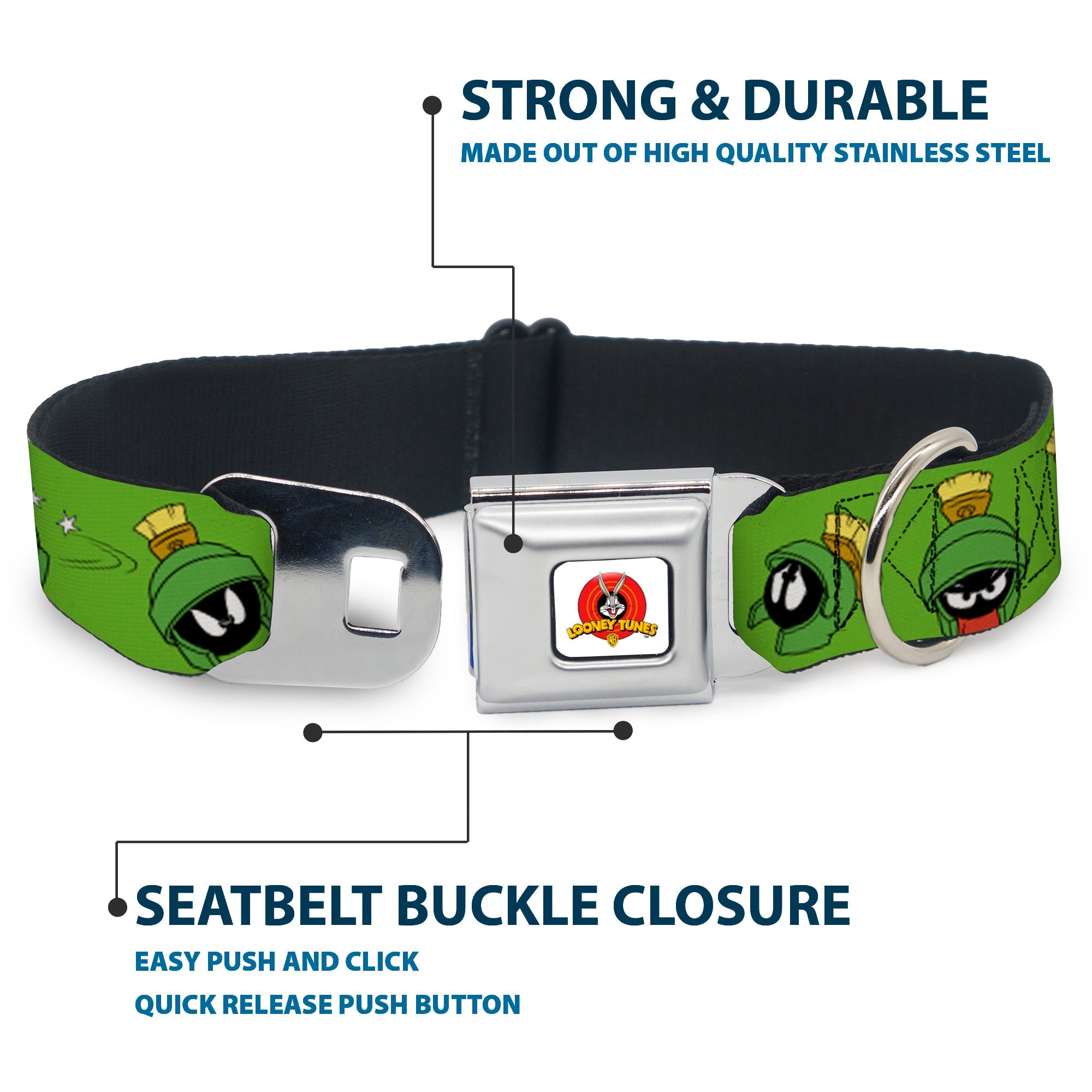 Looney Tunes Logo Full Color White Seatbelt Buckle Collar - MARVIN THE MARTIAN w/Poses/Expressions Green