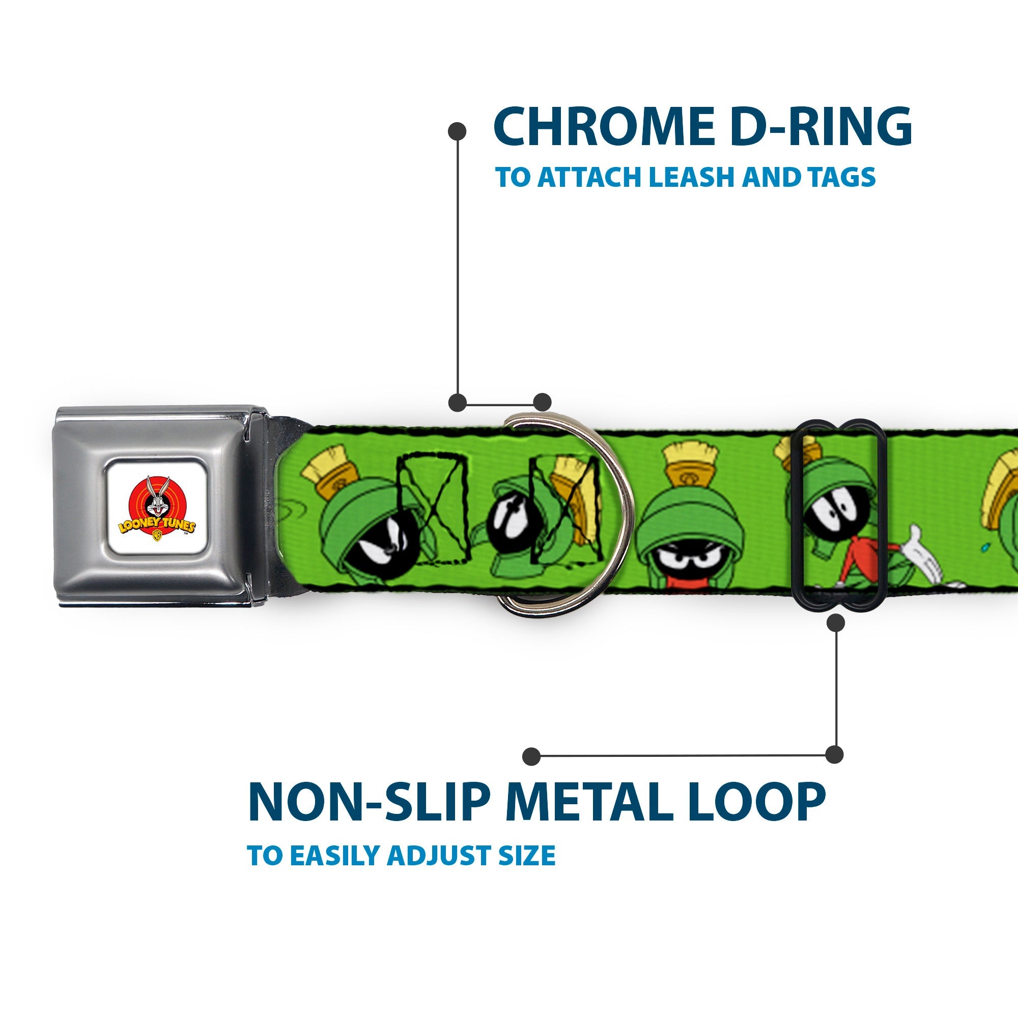 Looney Tunes Logo Full Color White Seatbelt Buckle Collar - MARVIN THE MARTIAN w/Poses/Expressions Green