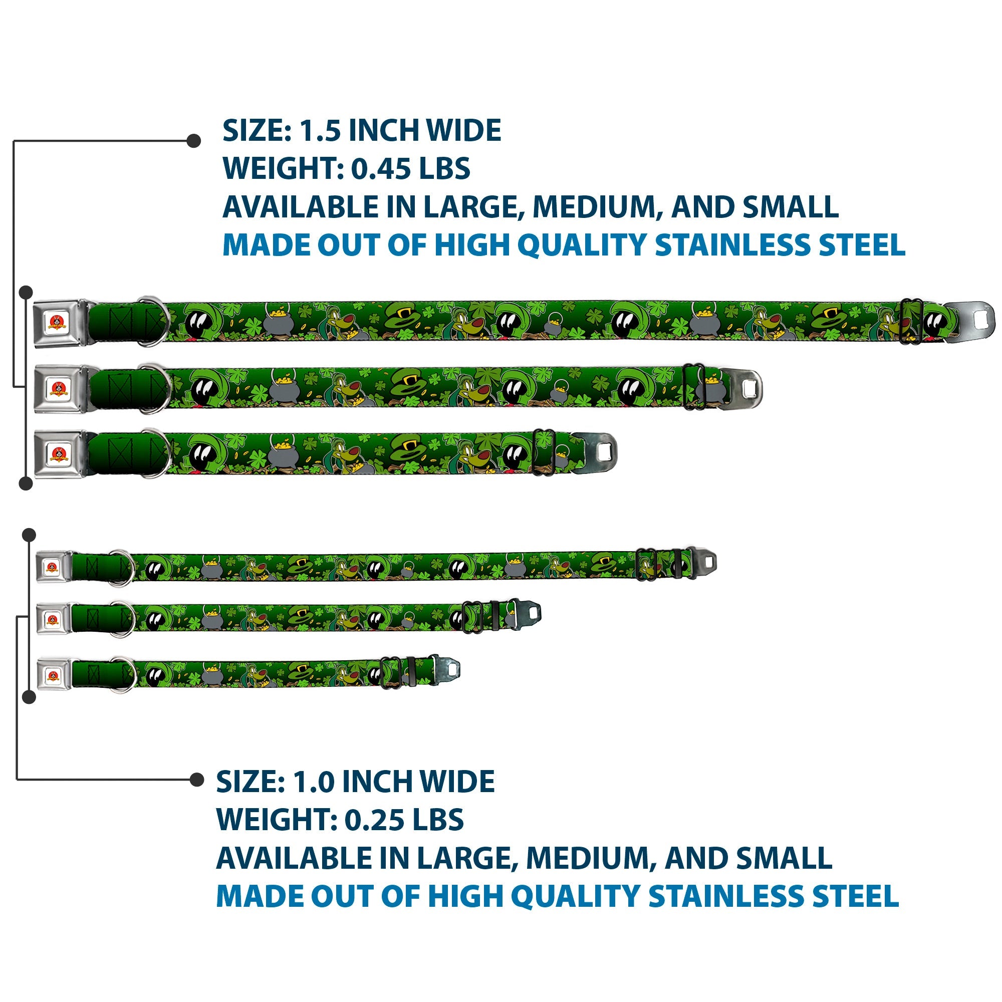 Looney Tunes Logo Full Color White Seatbelt Buckle Collar - Marvin the Martian & K-9 Poses/Clovers Greens