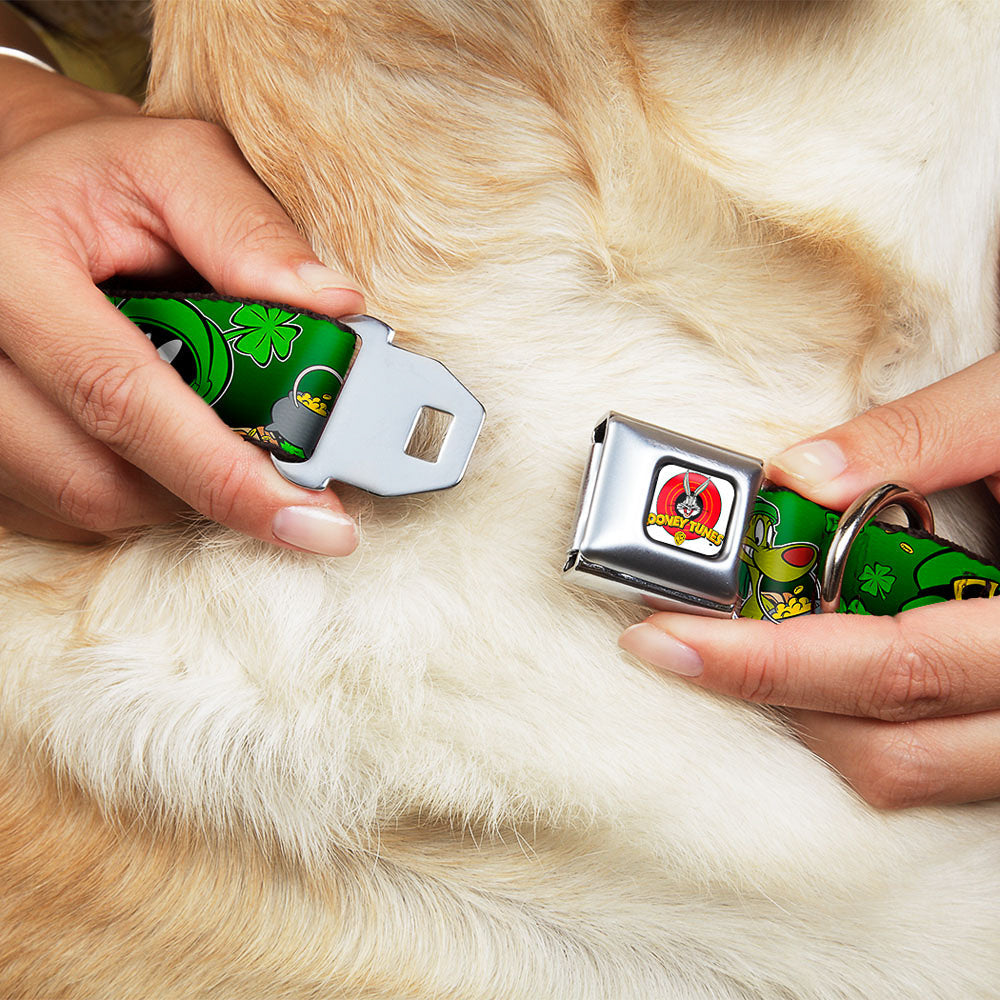 Looney Tunes Logo Full Color White Seatbelt Buckle Collar - Marvin the Martian & K-9 Poses/Clovers Greens