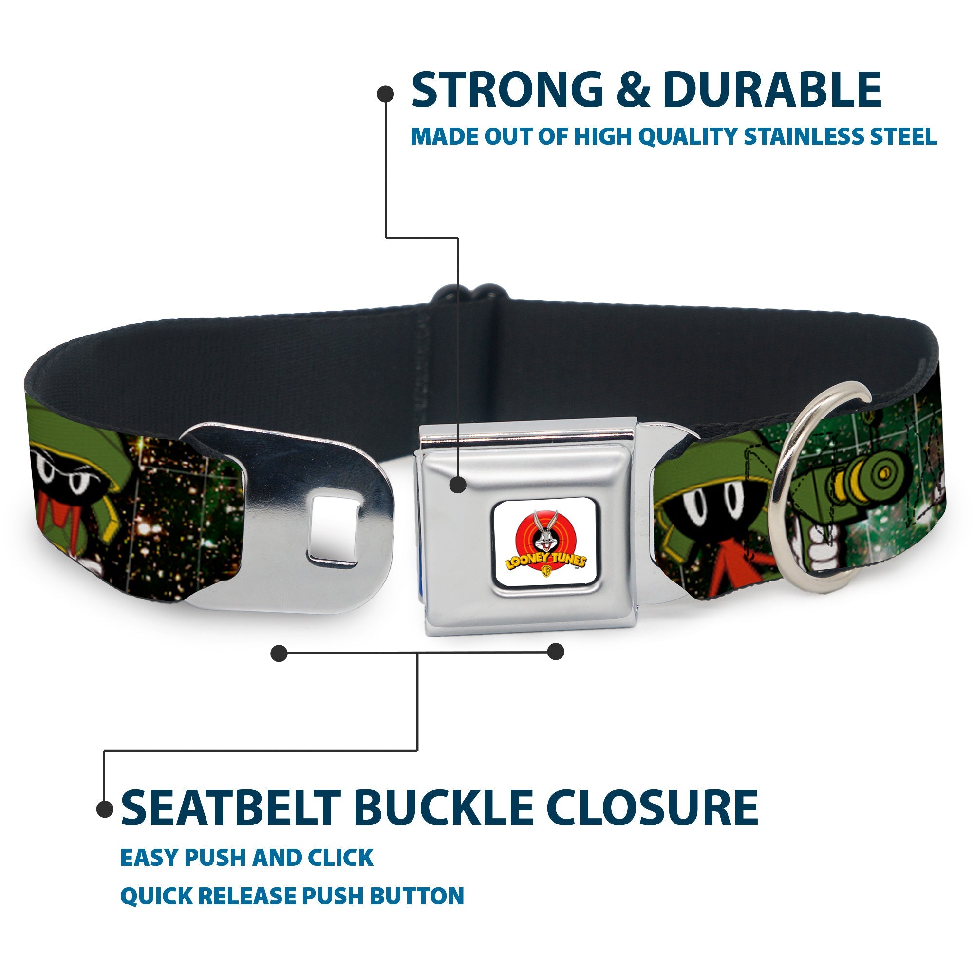 Looney Tunes Logo White Seatbelt Buckle Collar - Marvin the Martian 4-Poses Galaxy