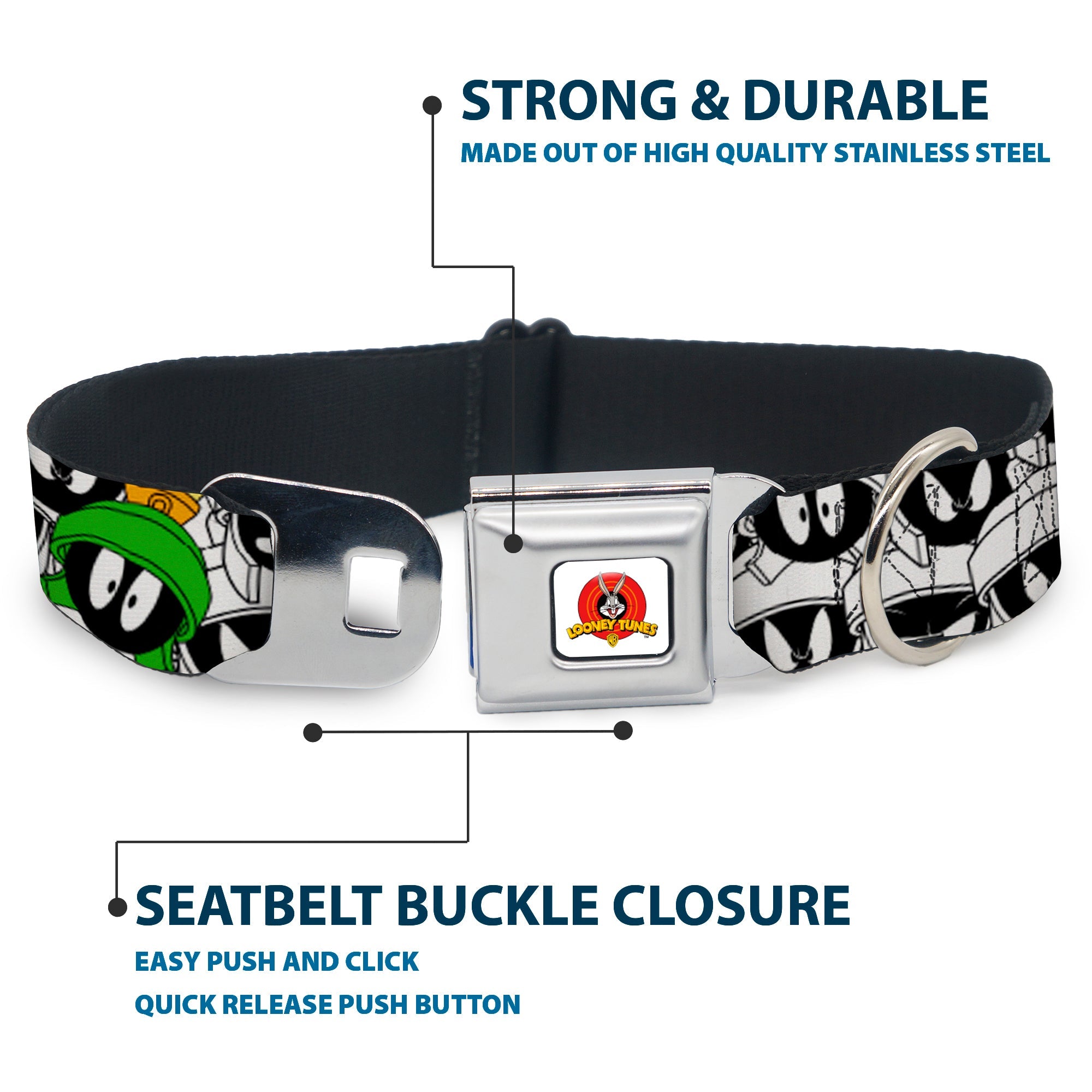 Looney Tunes Logo White Seatbelt Buckle Collar - Marvin the Martian Expressions Stacked White/Black/Green/Gold