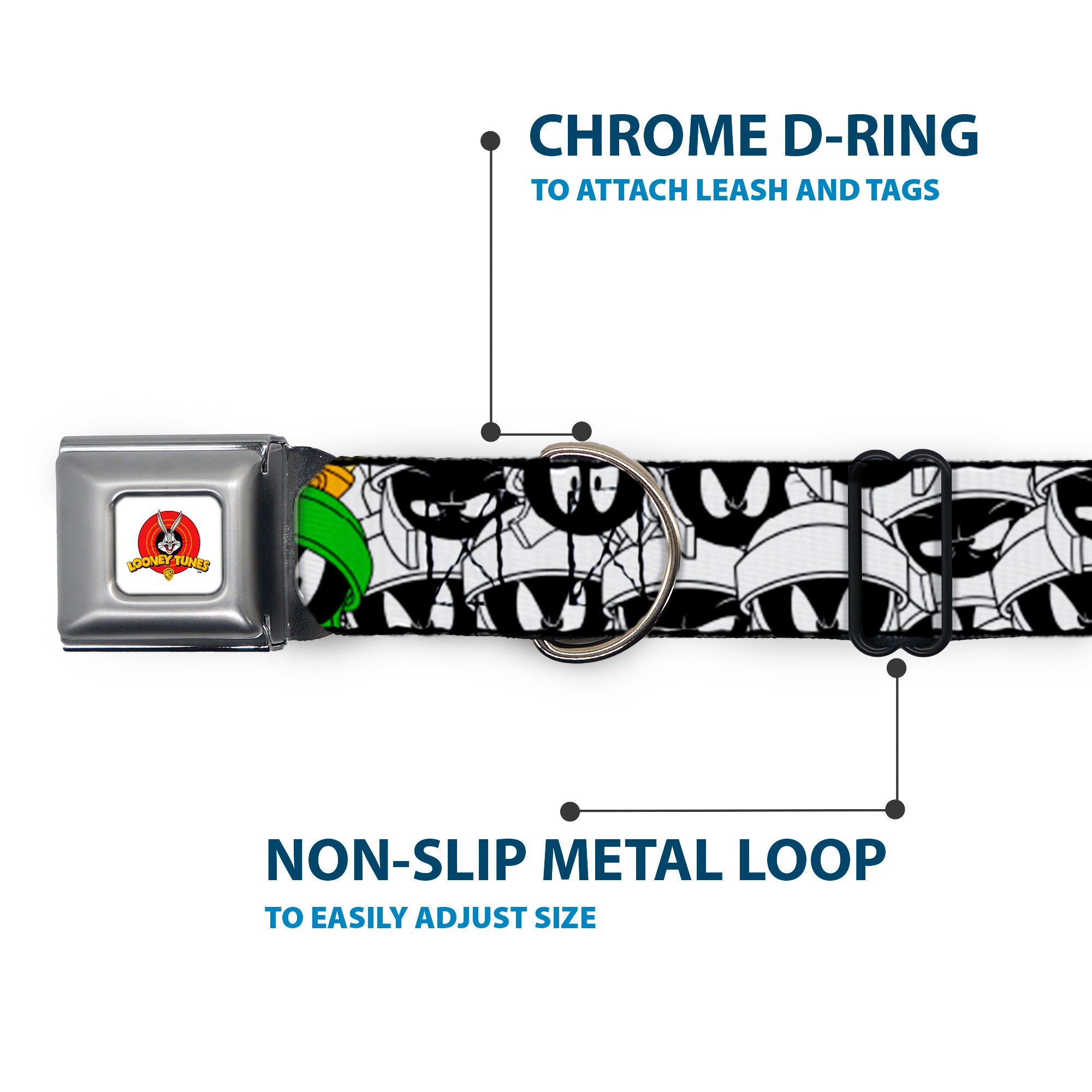 Looney Tunes Logo White Seatbelt Buckle Collar - Marvin the Martian Expressions Stacked White/Black/Green/Gold