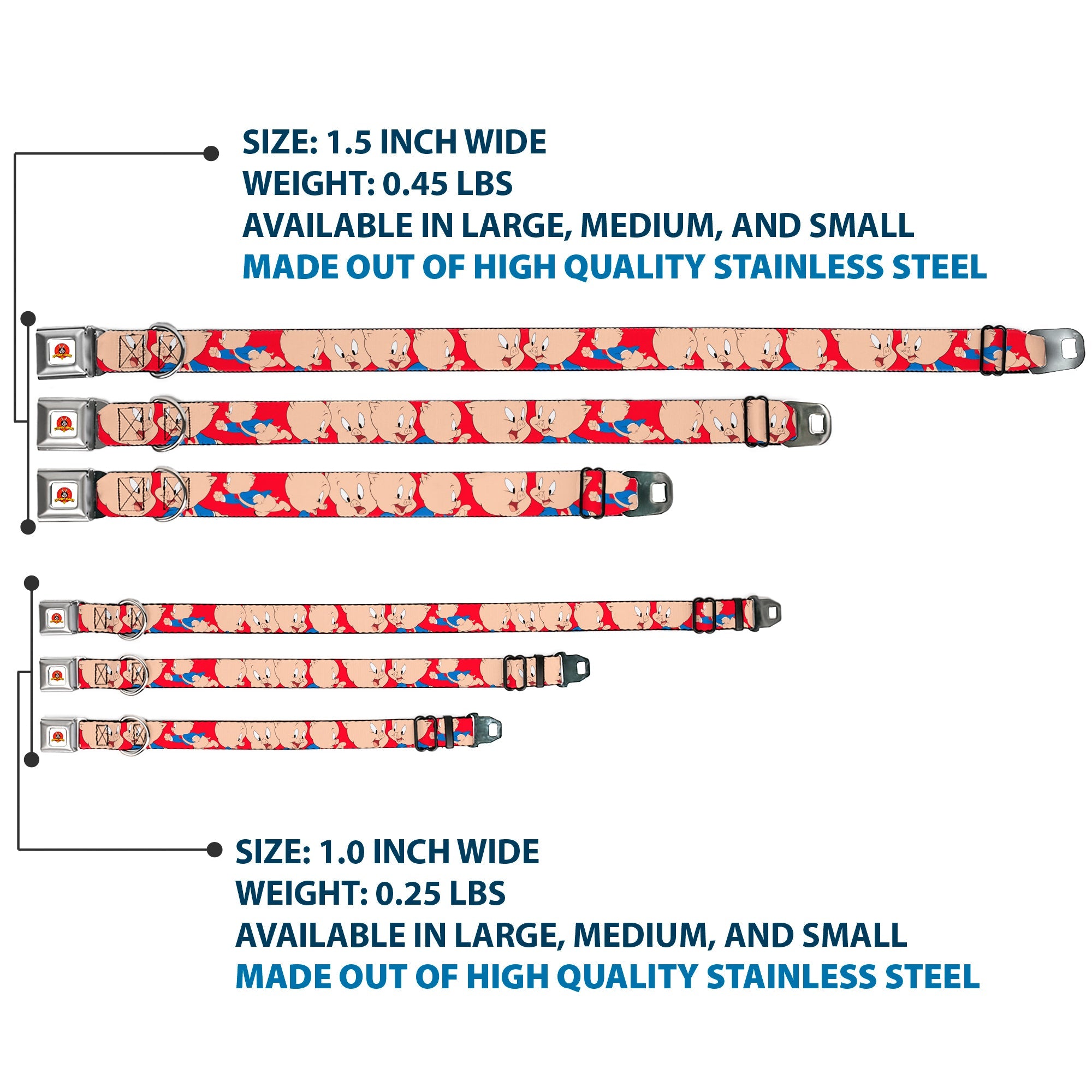 Looney Tunes Logo Full Color White Seatbelt Buckle Collar - Porky Pig Expressions Red