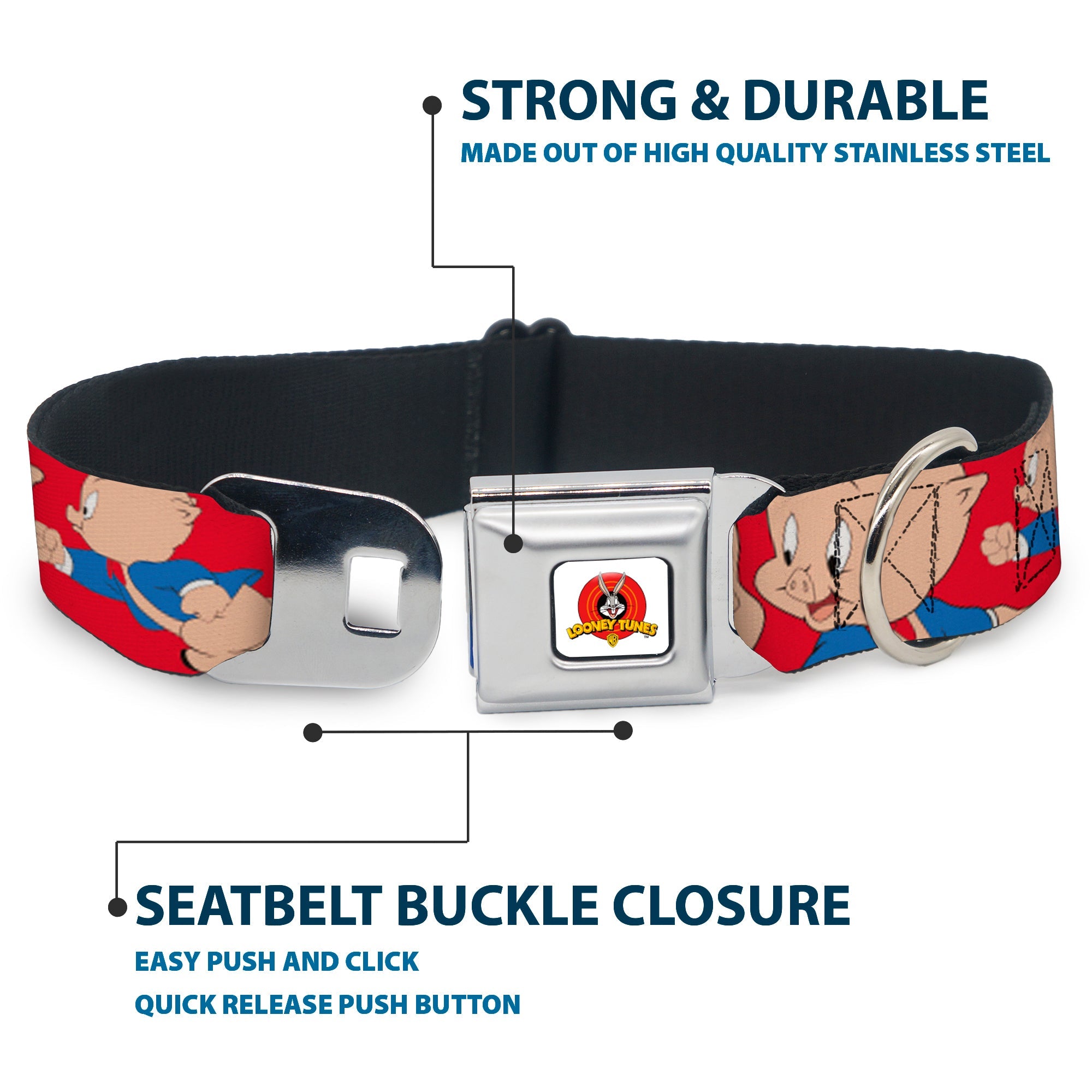 Looney Tunes Logo Full Color White Seatbelt Buckle Collar - Porky Pig Expressions Red